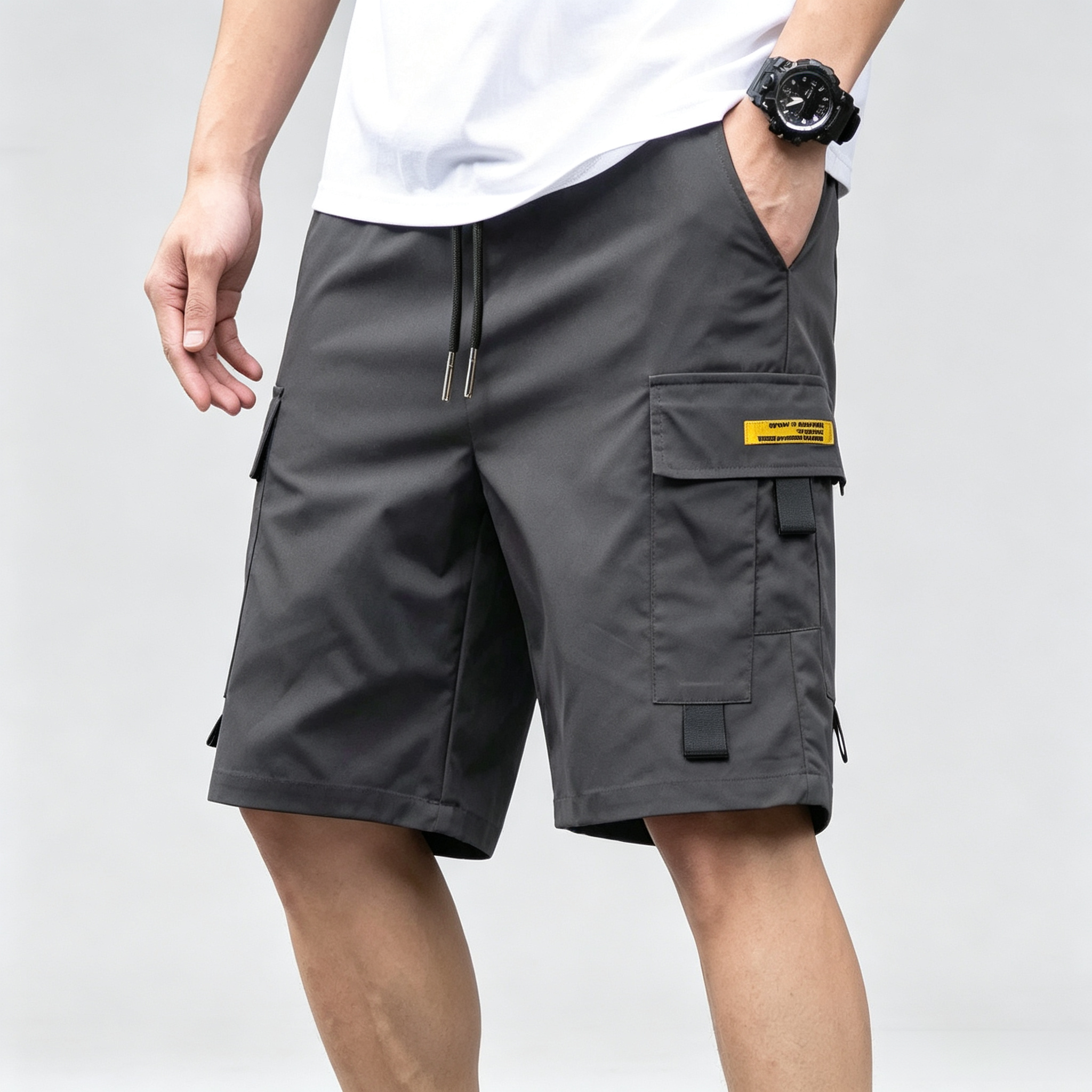 Men's Cargo Shorts Elastic Drawstring Waist Multi‑Pocket Utility Casual Work Shorts