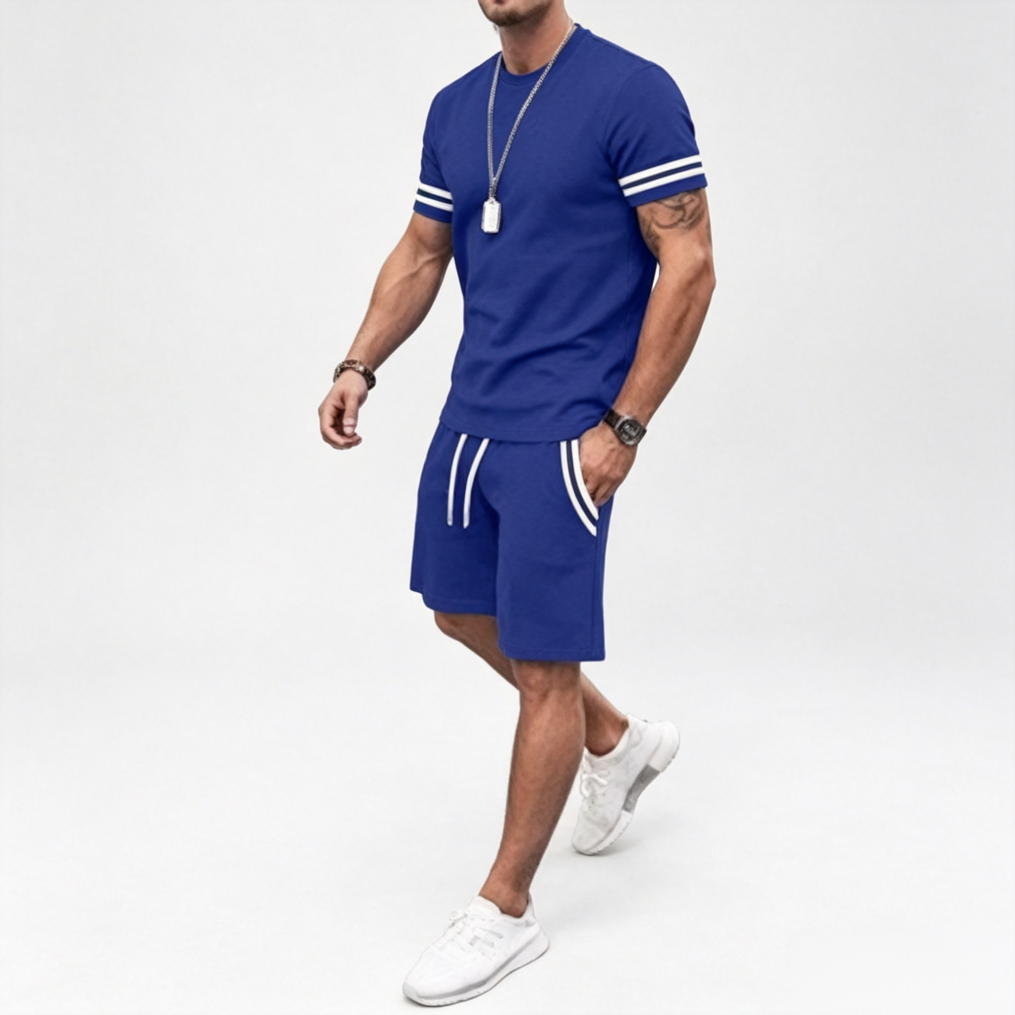 Men's 2‑Piece Outfit Striped Cuff Short‑Sleeve T‑Shirt & Drawstring Casual Shorts Set
