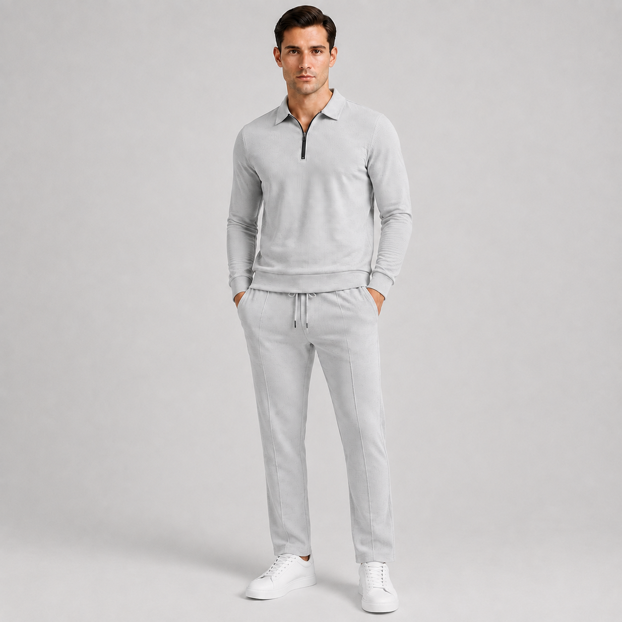 Men's Black Quarter-Zip Textured 2-Piece Tracksuit – Casual Business & Leisure Set
