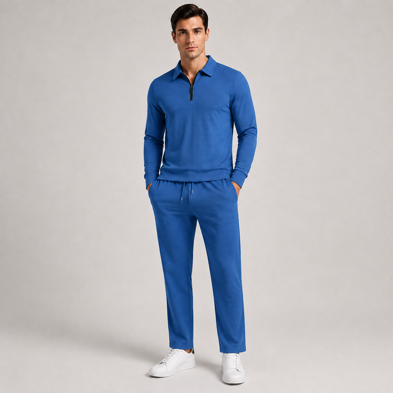 Men's Black Quarter-Zip Textured 2-Piece Tracksuit – Casual Business & Leisure Set