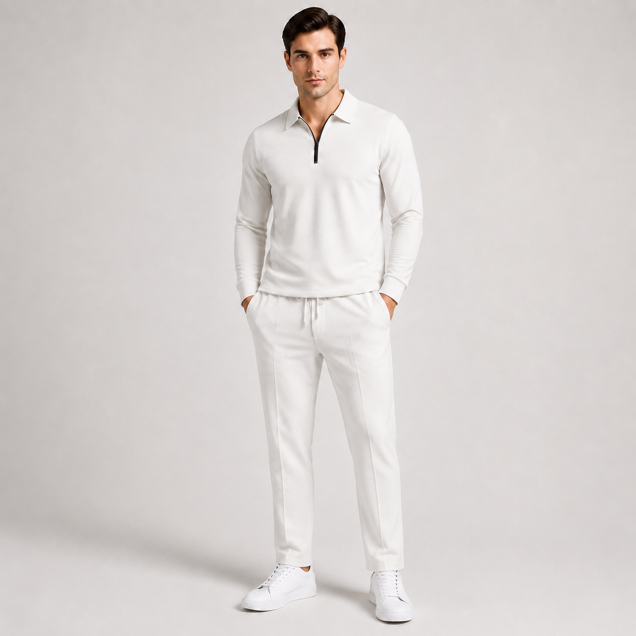 Men's Black Quarter-Zip Textured 2-Piece Tracksuit – Casual Business & Leisure Set