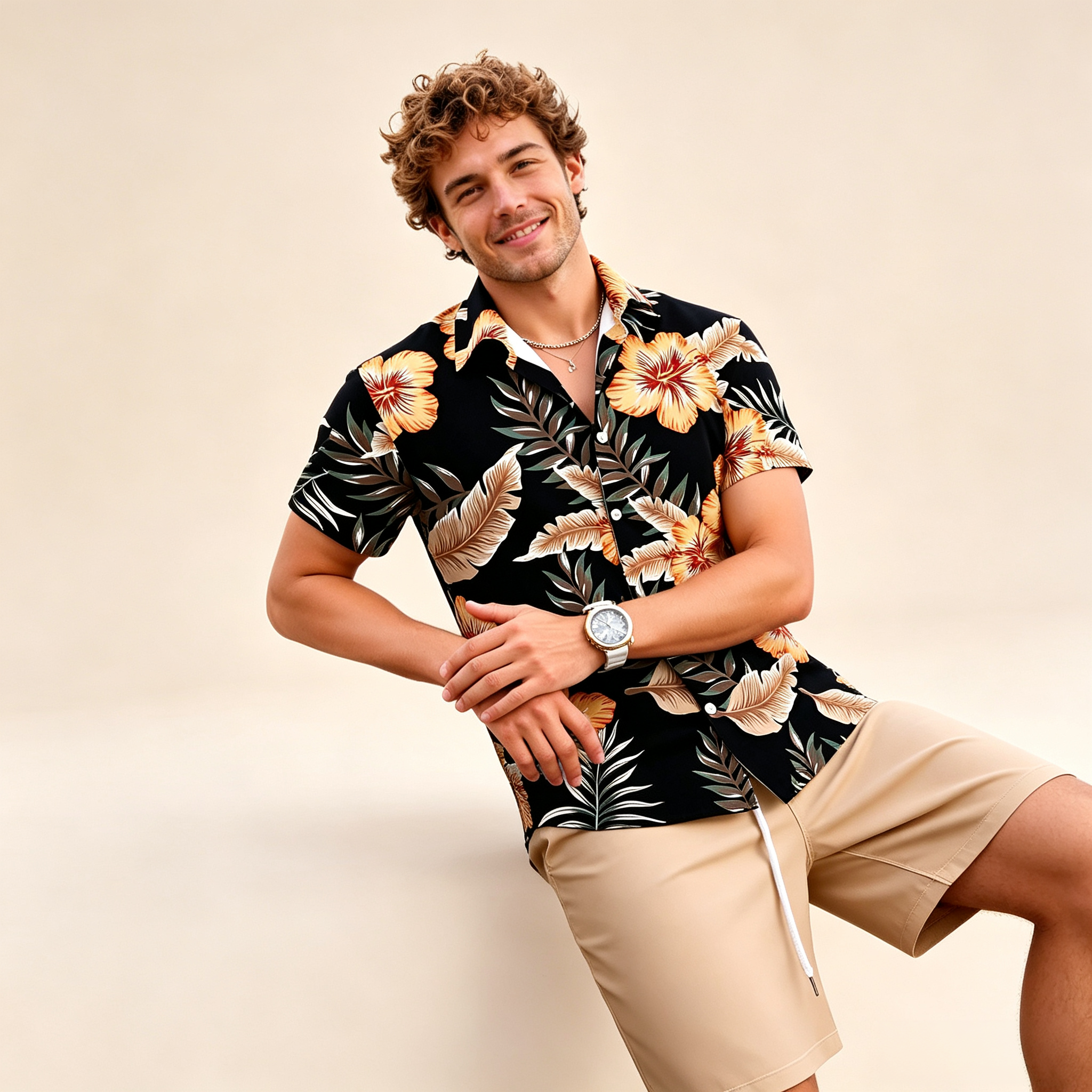 Men's Tropical Floral Print Short‑Sleeve Shirt & Drawstring Casual Shorts 2‑Piece Outfit Set