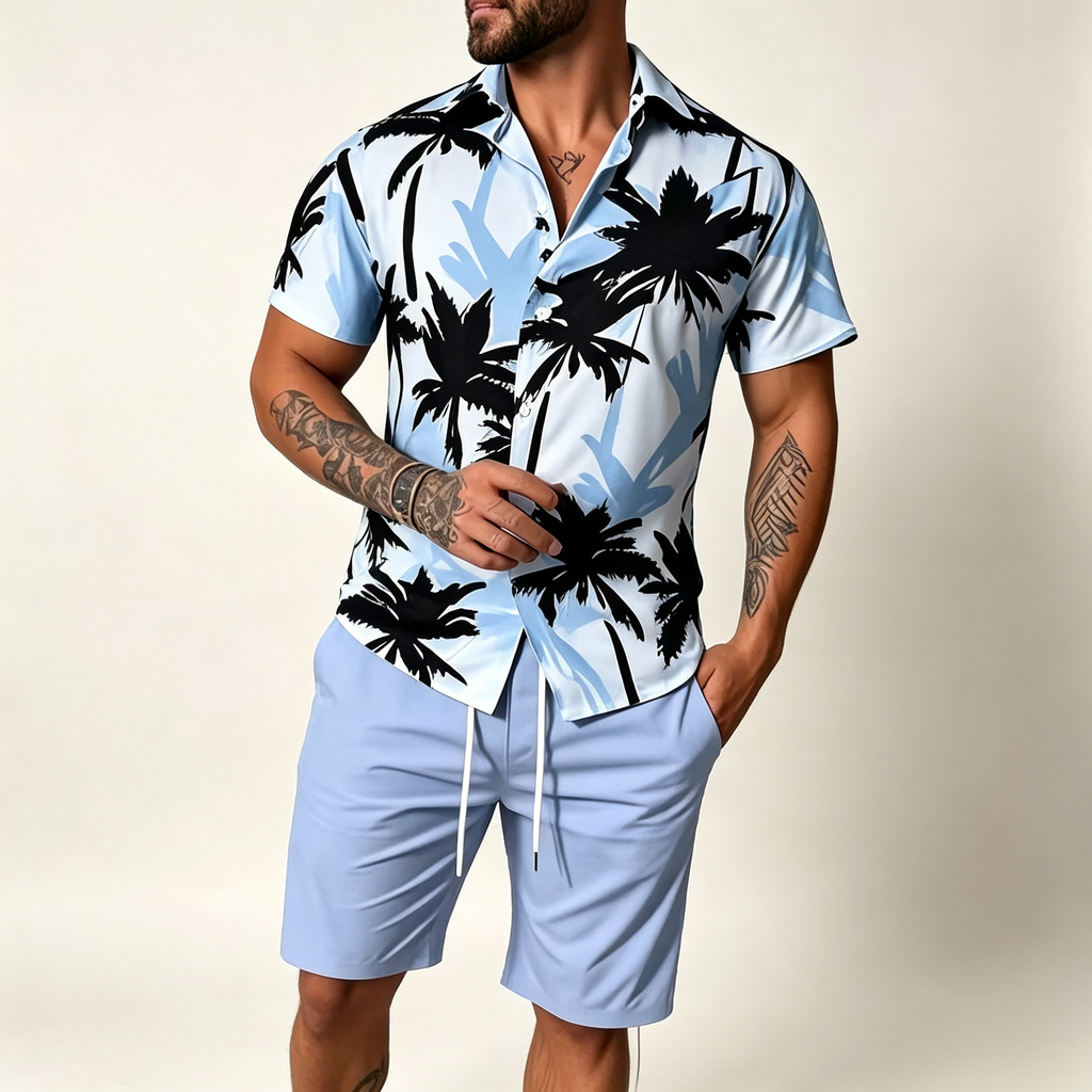 Men's Palm Tree Print Short‑Sleeve Shirt & Solid Drawstring Shorts 2‑Piece Summer Outfit Set
