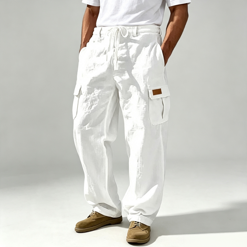 Men's White Drawstring Wide Leg Cargo Pants