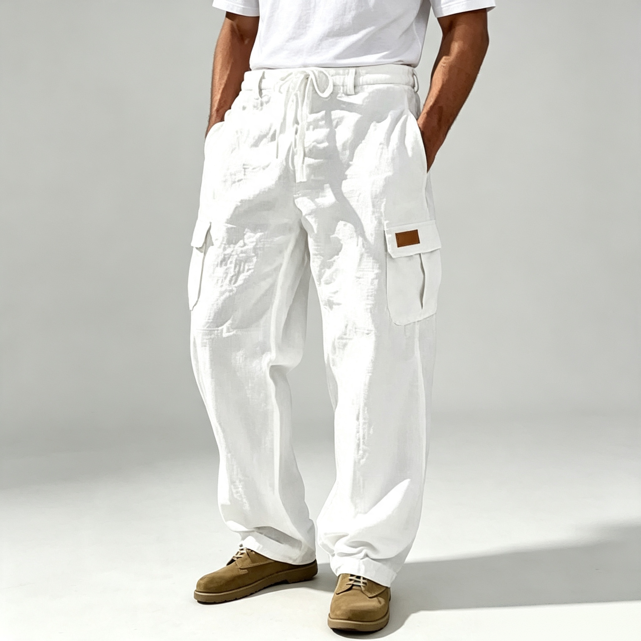 Men's White Drawstring Wide Leg Cargo Pants