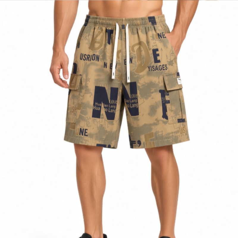 Men Letter Print Cargo Shorts Elastic Waist Drawstring Casual Shorts