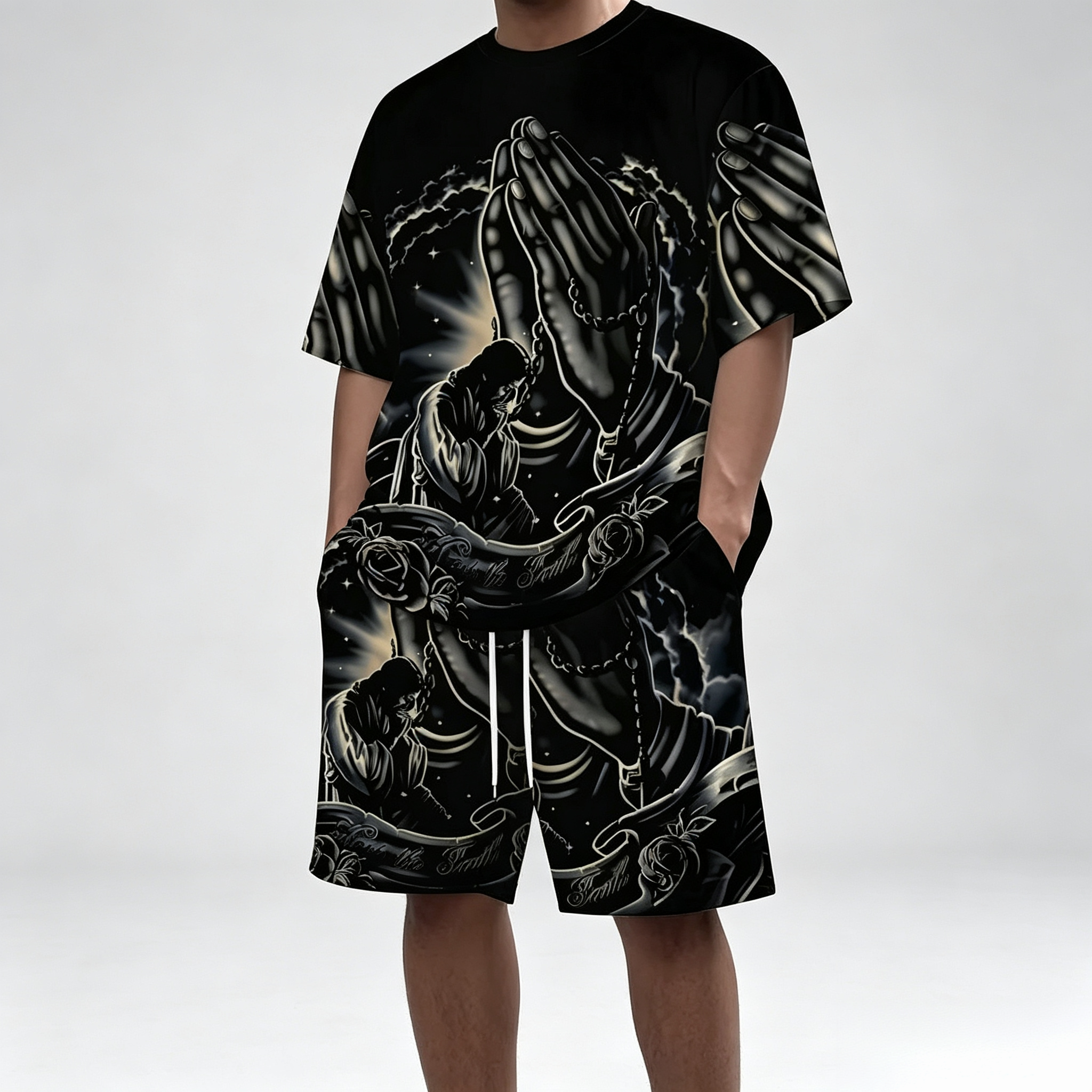 Men's Praying Hands Graphic Print Short‑Sleeve T‑Shirt & Drawstring Shorts 2‑Piece Tracksuit Set