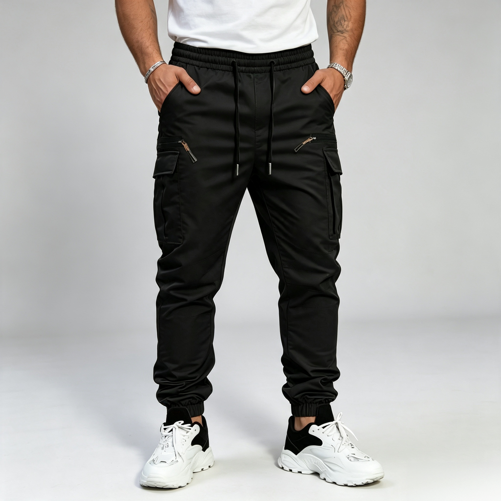 Men's Drawstring Zipper Pockets Jogger Cargo Pants
