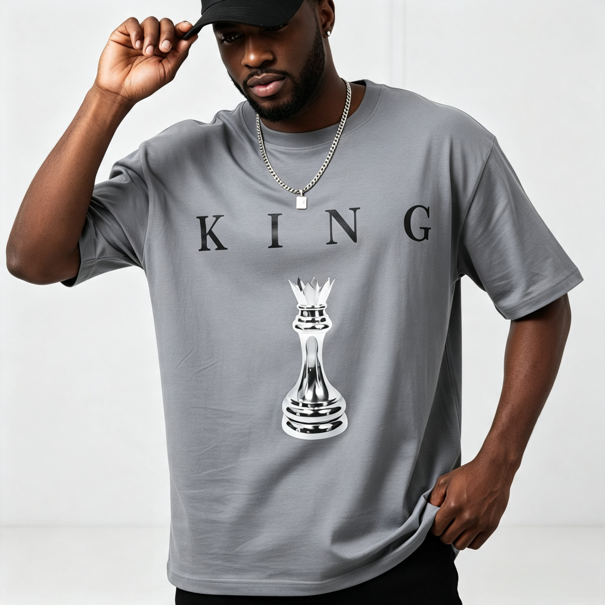 Men's Metallic Chess King "KING" Letter Print Crew Neck Short Sleeve T-Shirt