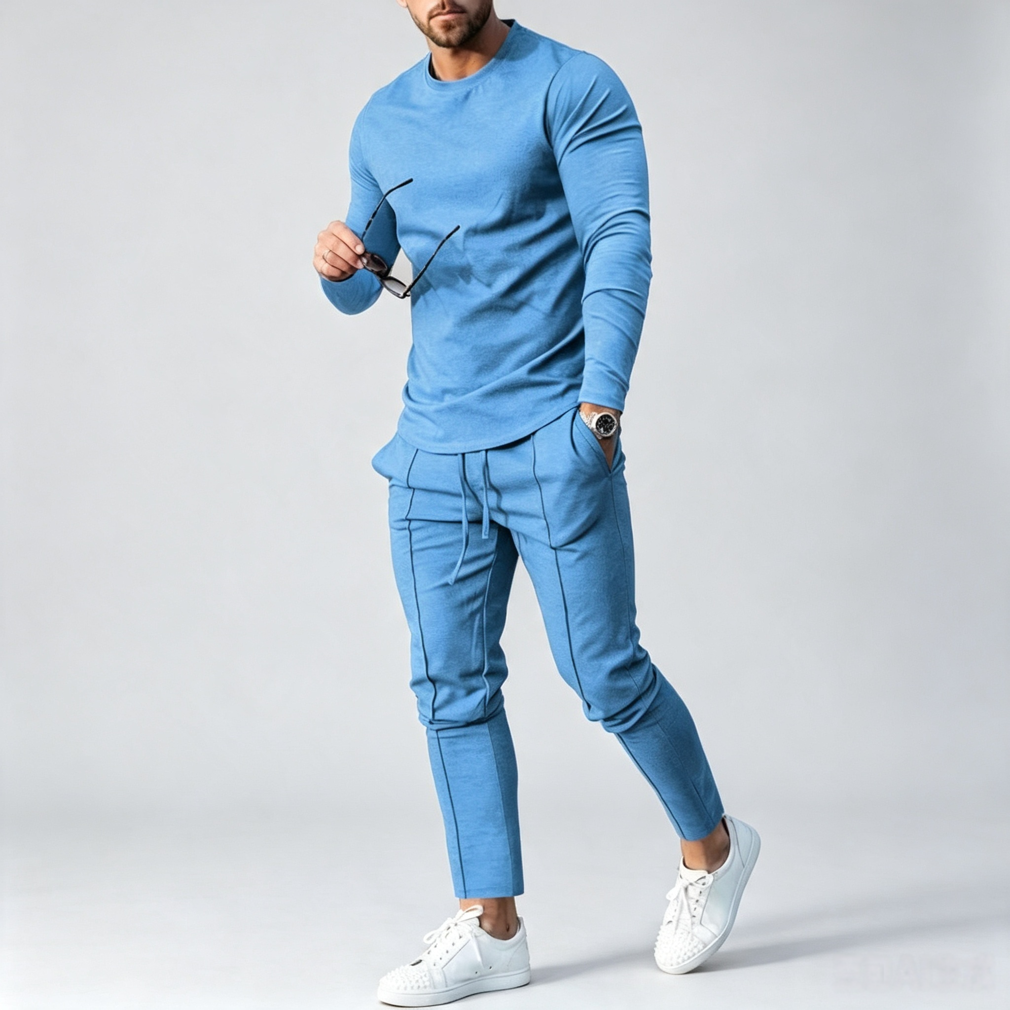 Men's 2-Piece Long Sleeve Tracksuit – Curved Hem Casual Sportswear Set