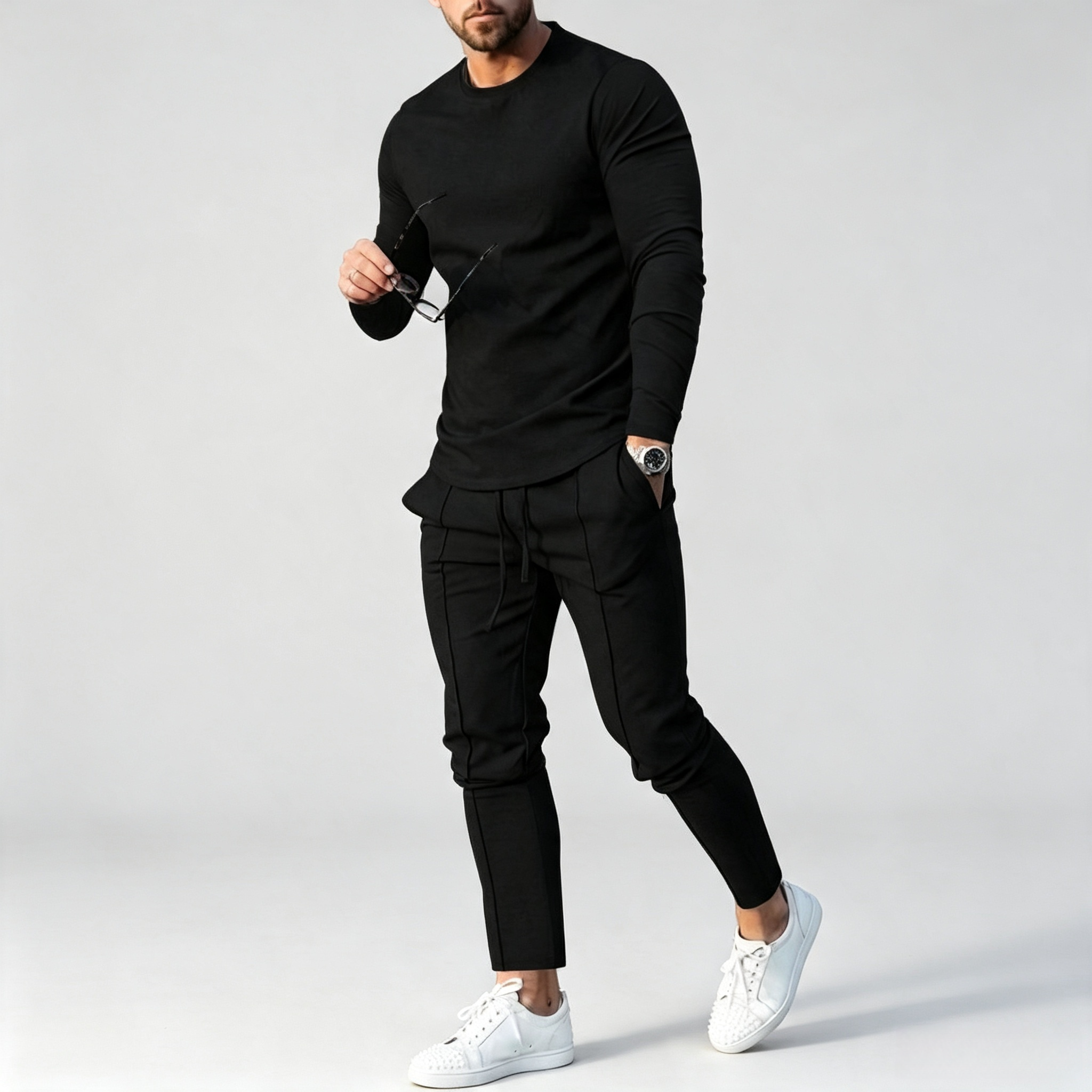 Men's 2-Piece Long Sleeve Tracksuit – Curved Hem Casual Sportswear Set