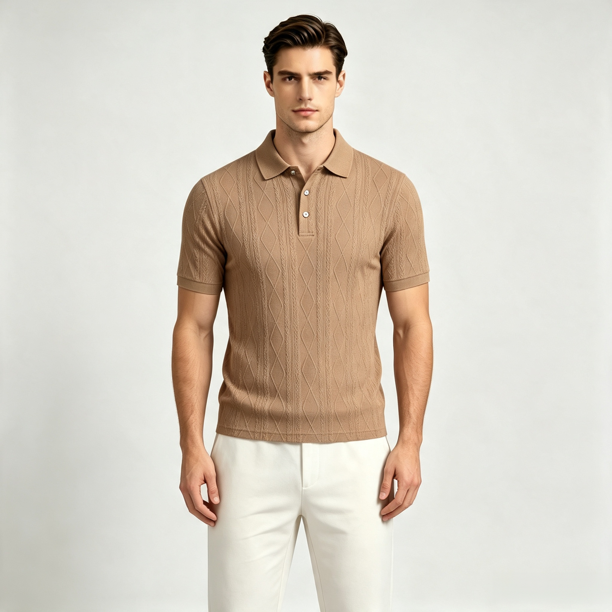 Men's Textured Diamond Pattern Polo Shirt – Casual Business Short Sleeve Top