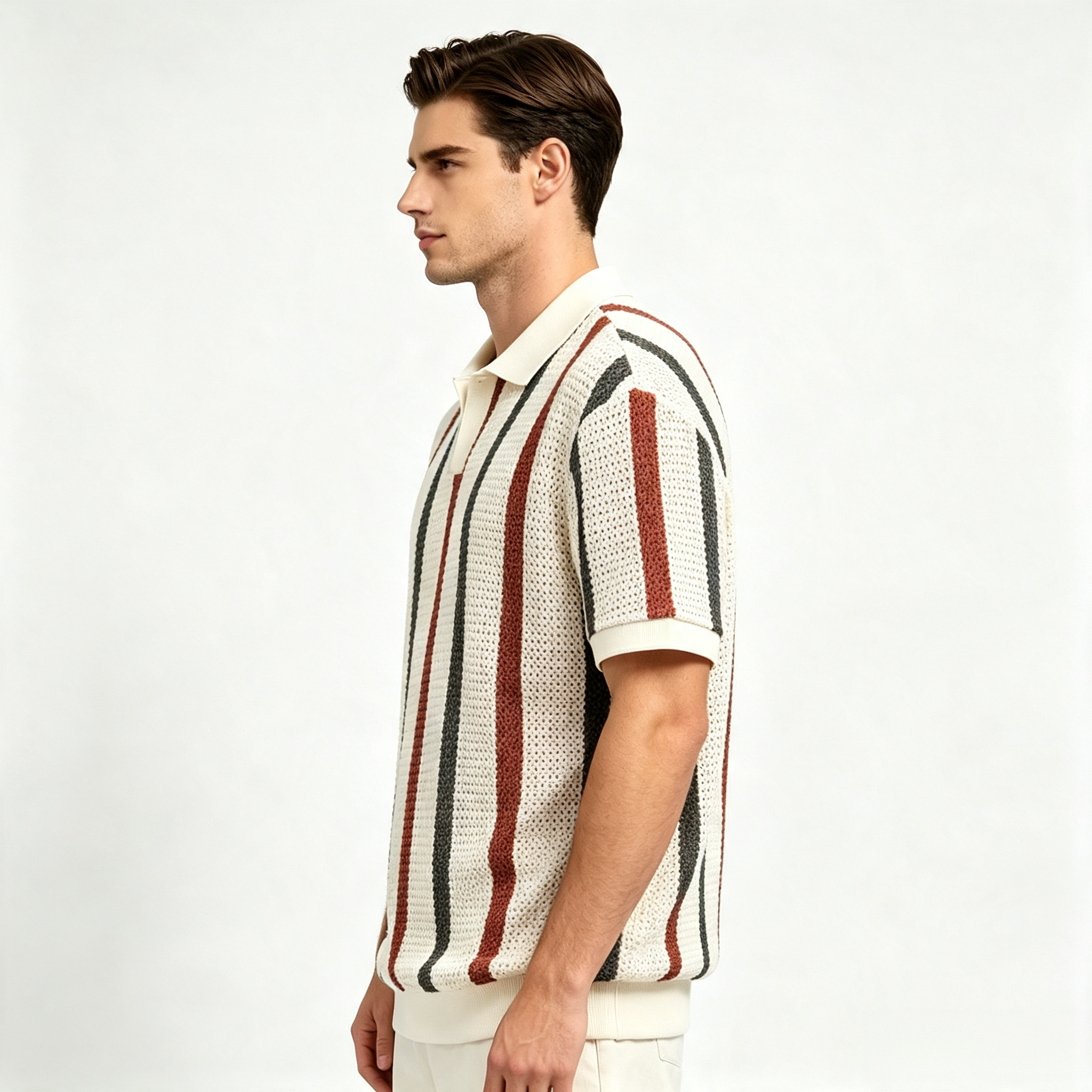 Men's Striped Open-Weave Polo Shirt – Breathable Casual Short Sleeve Top