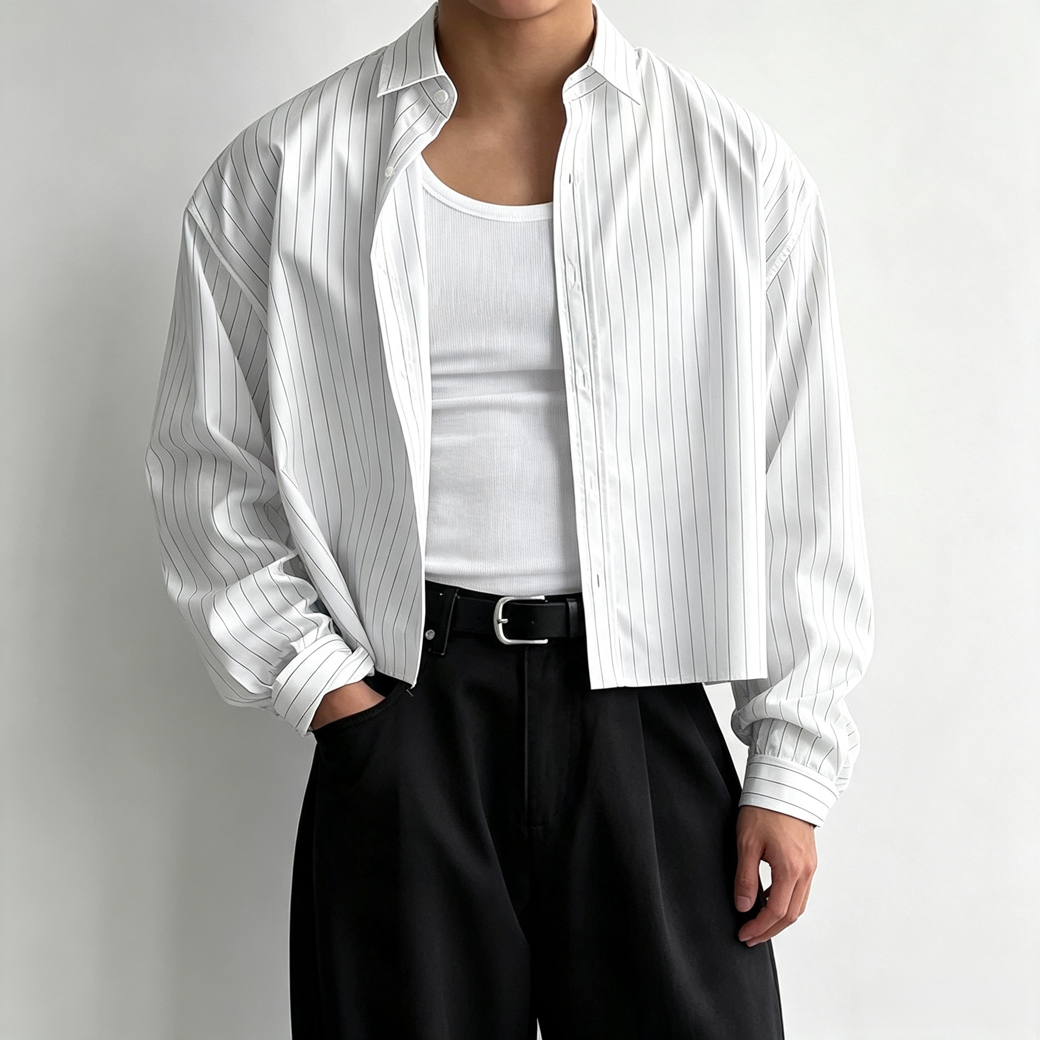 Men's Cropped Pinstripe Button Down Shirt – Oversized Long Sleeve Casual Crop Top