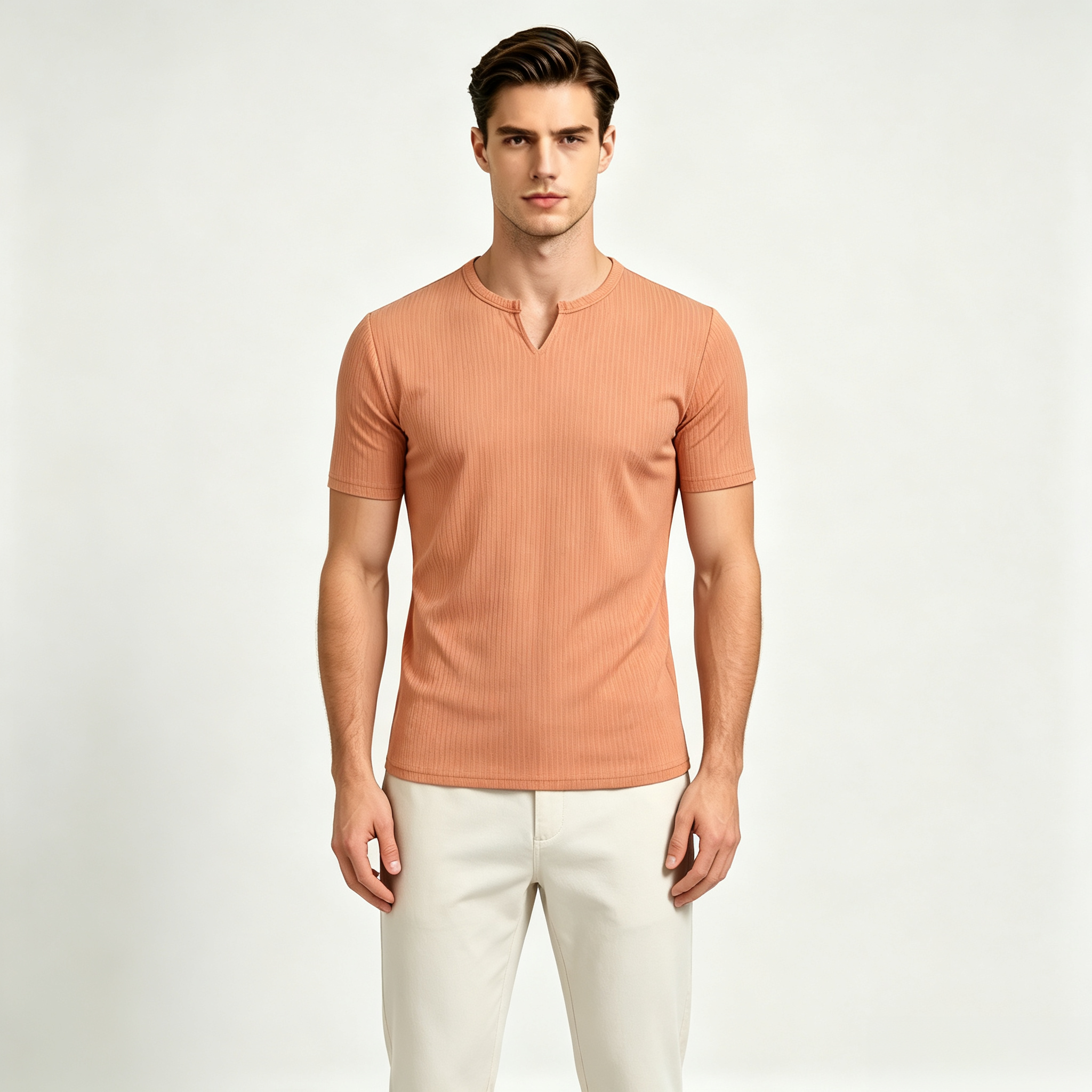 Men's Ribbed Notch V‑Neck Short‑Sleeve Fitted Casual T‑Shirt
