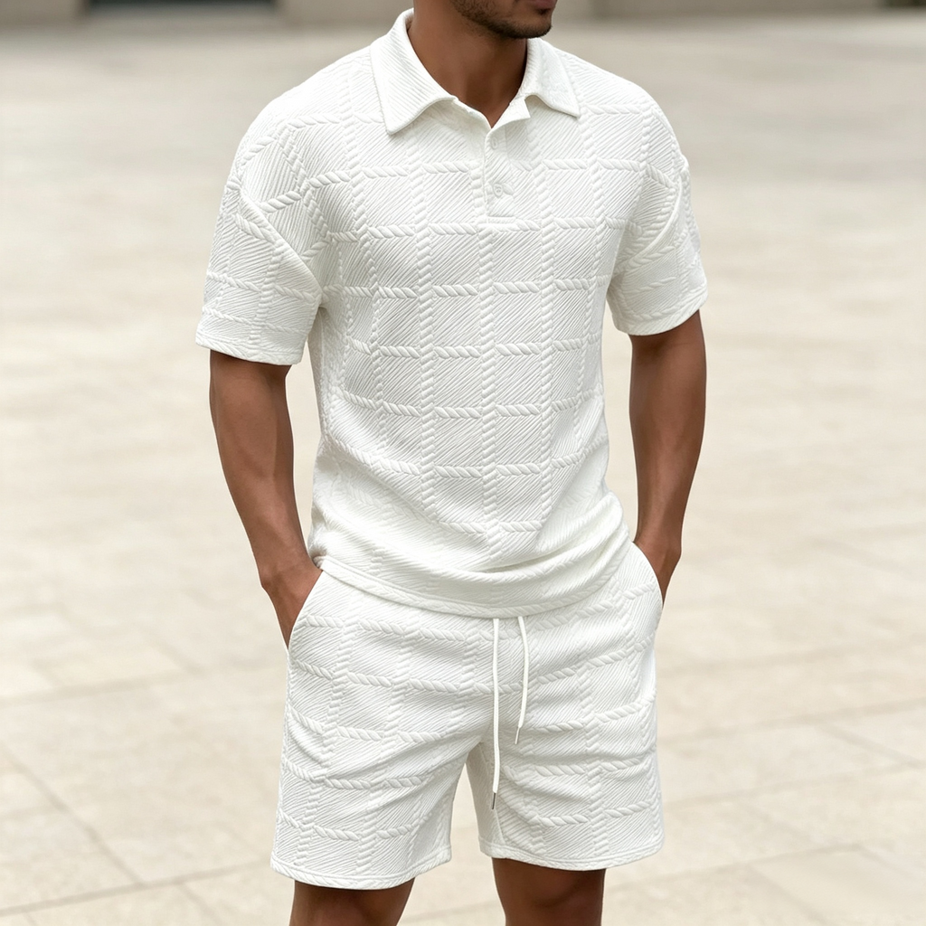 Men's 2-Piece Textured Polo Shirt & Shorts Set – Casual Short Sleeve Tracksuit
