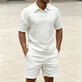 Men's 2-Piece Textured Polo Shirt & Shorts Set – Casual Short Sleeve Tracksuit