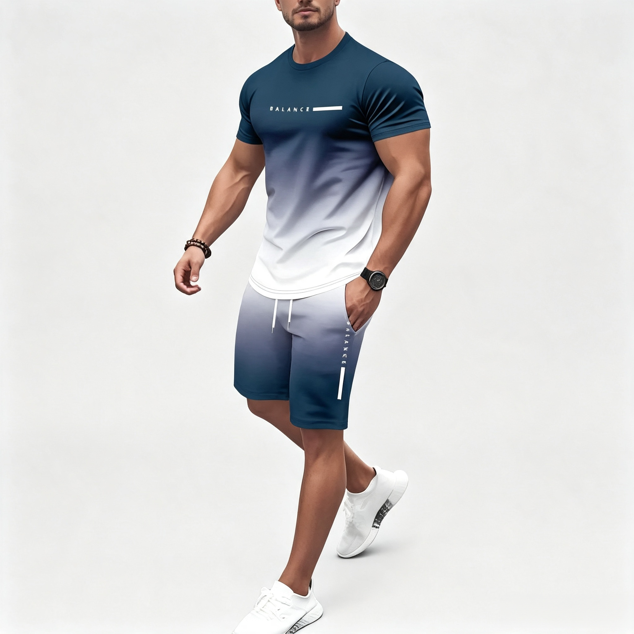 Men's Gradient Print 2-Piece Outfit, PARIS Letter Short Sleeve T-Shirt & Drawstring Shorts Set
