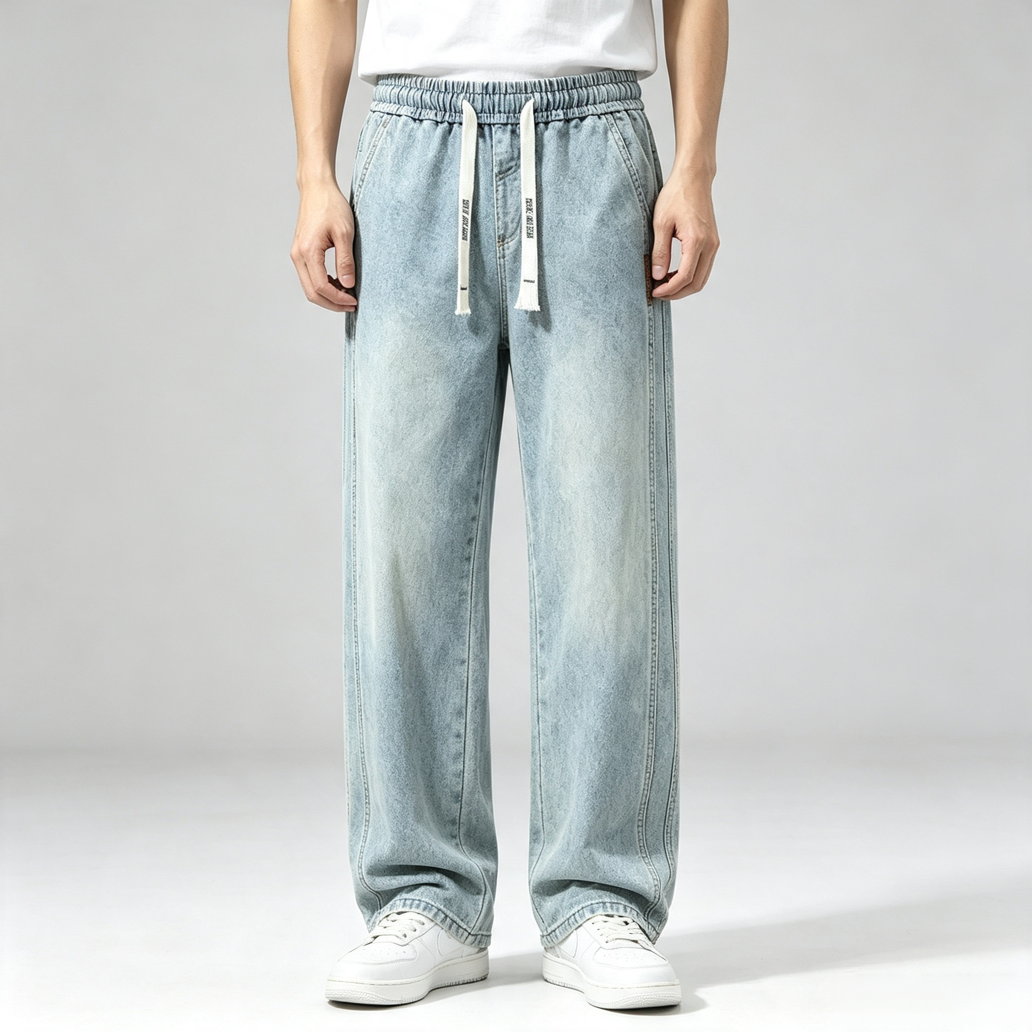 Men's Elastic Waist Drawstring Wide Leg Denim Jeans – Casual Vintage Washed Baggy Jeans