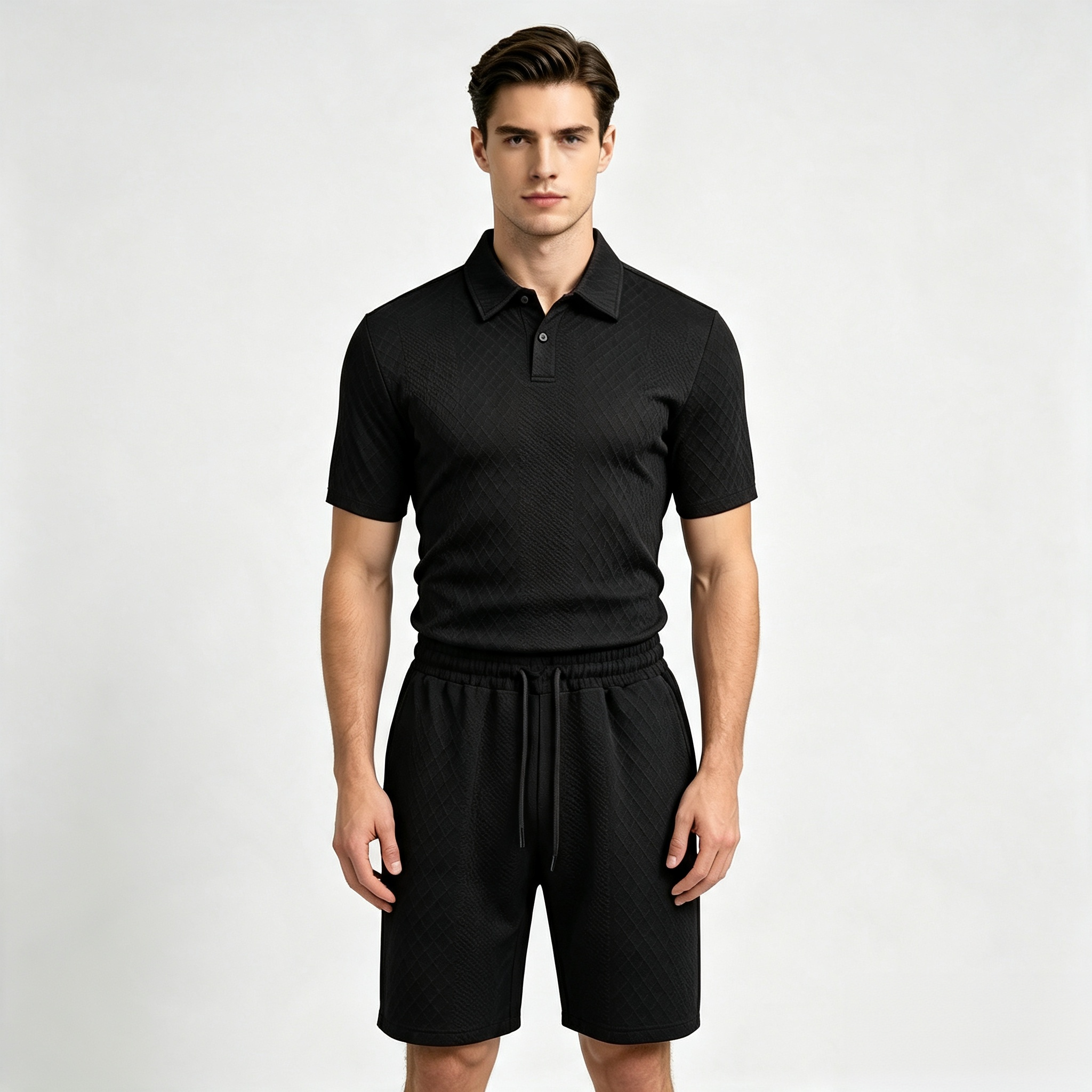 Men's 2-Piece Textured Diamond Quilted Polo Shirt & Shorts Set