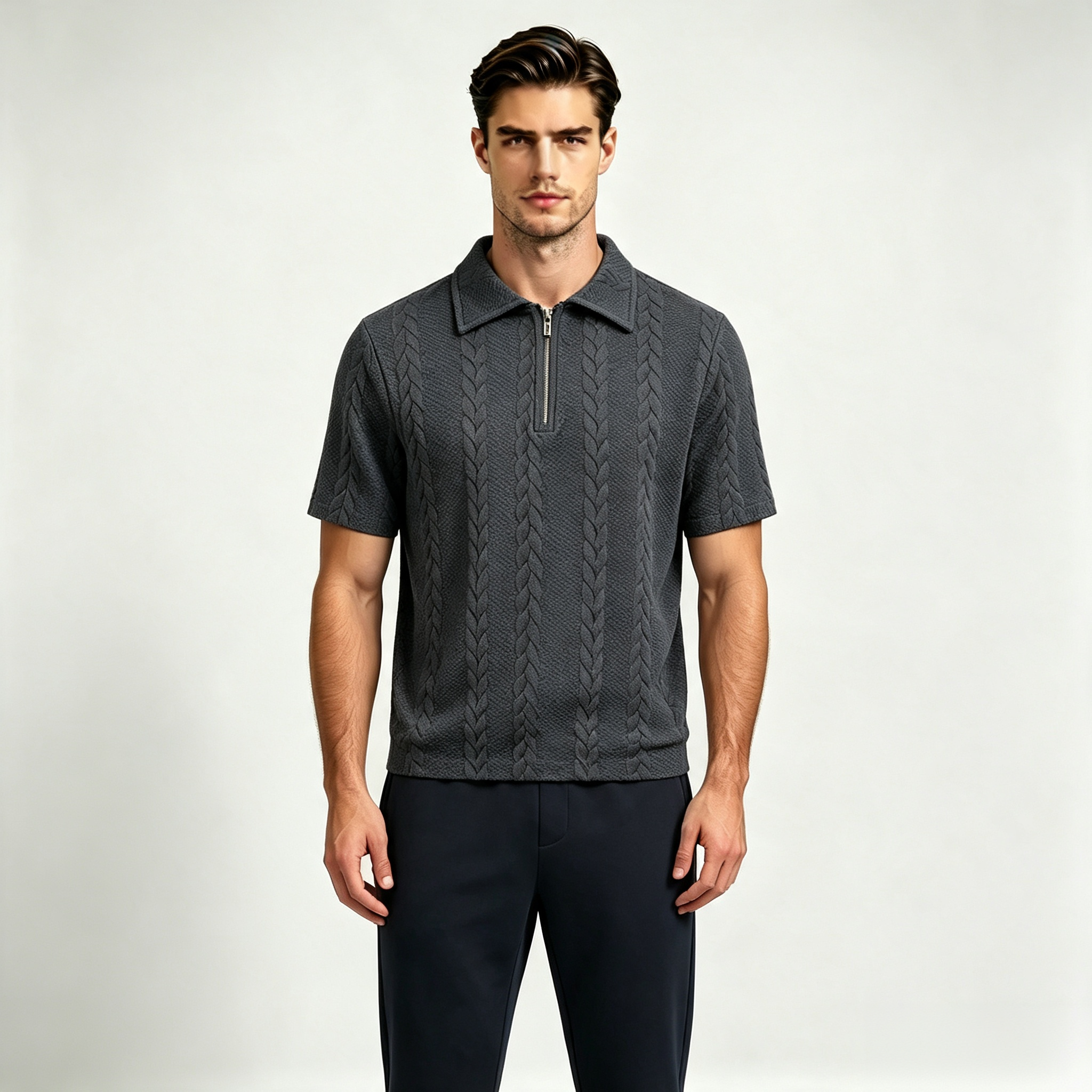 Men's Textured Quarter Zip Polo Shirt – Lapel Short Sleeve Casual Top