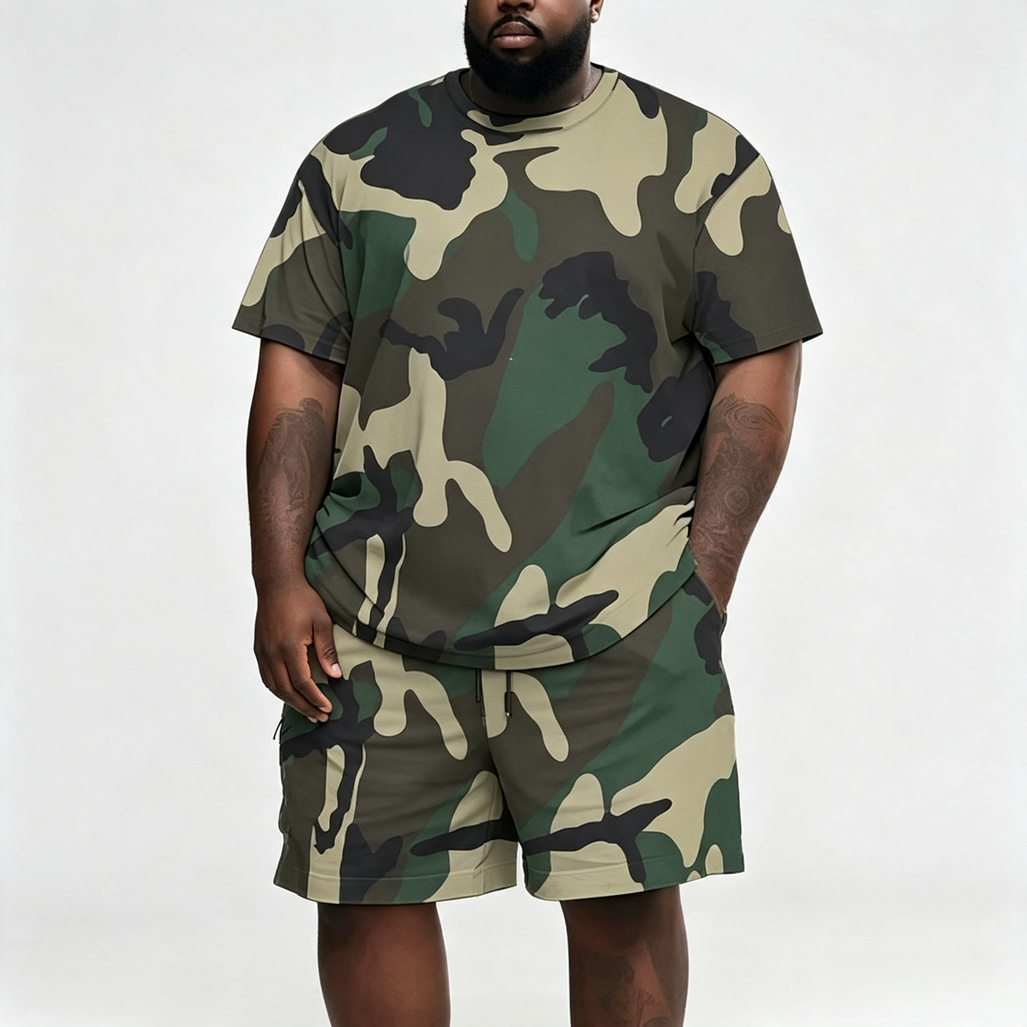 Men's Plus Size Camo 2-Piece Short Set – Casual Streetwear Tracksuit