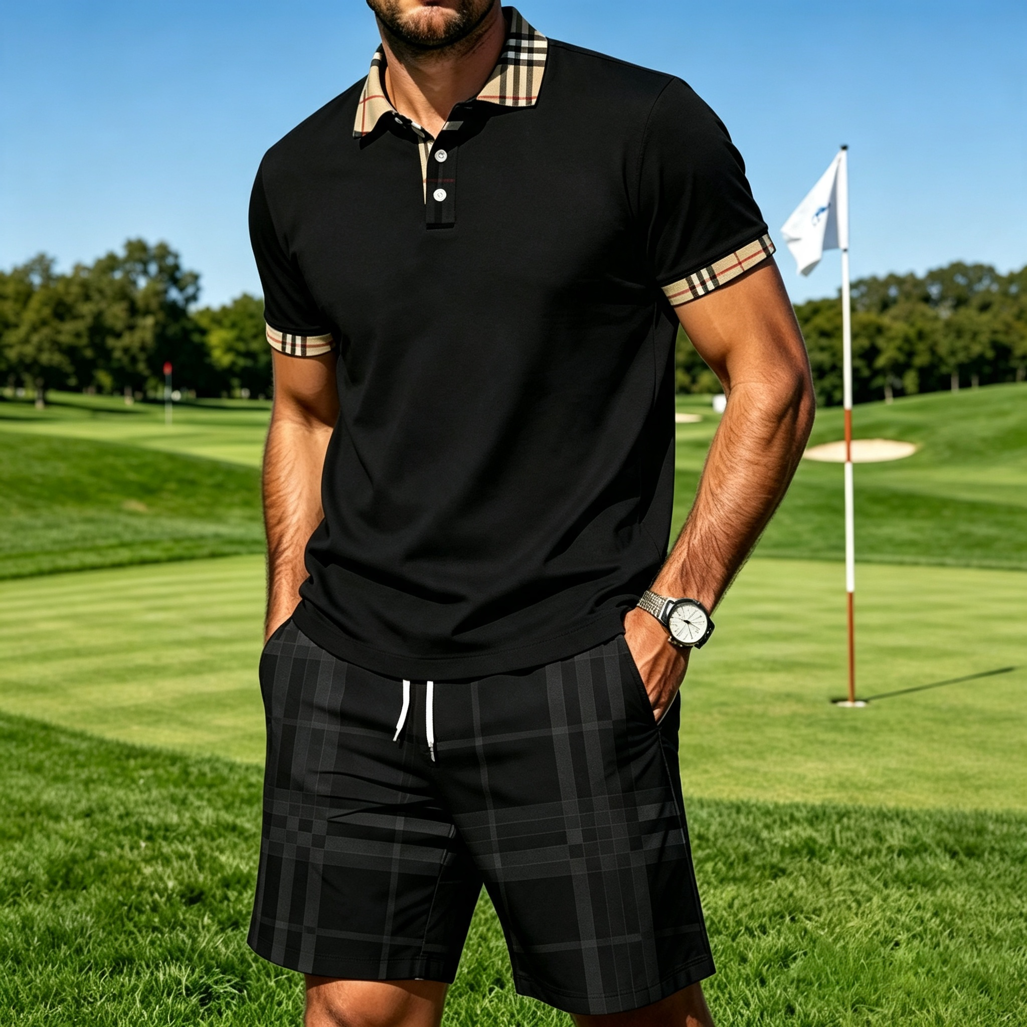 Men's Plaid Trim Polo & Plaid Drawstring Shorts 2‑Piece Casual Outfit Set