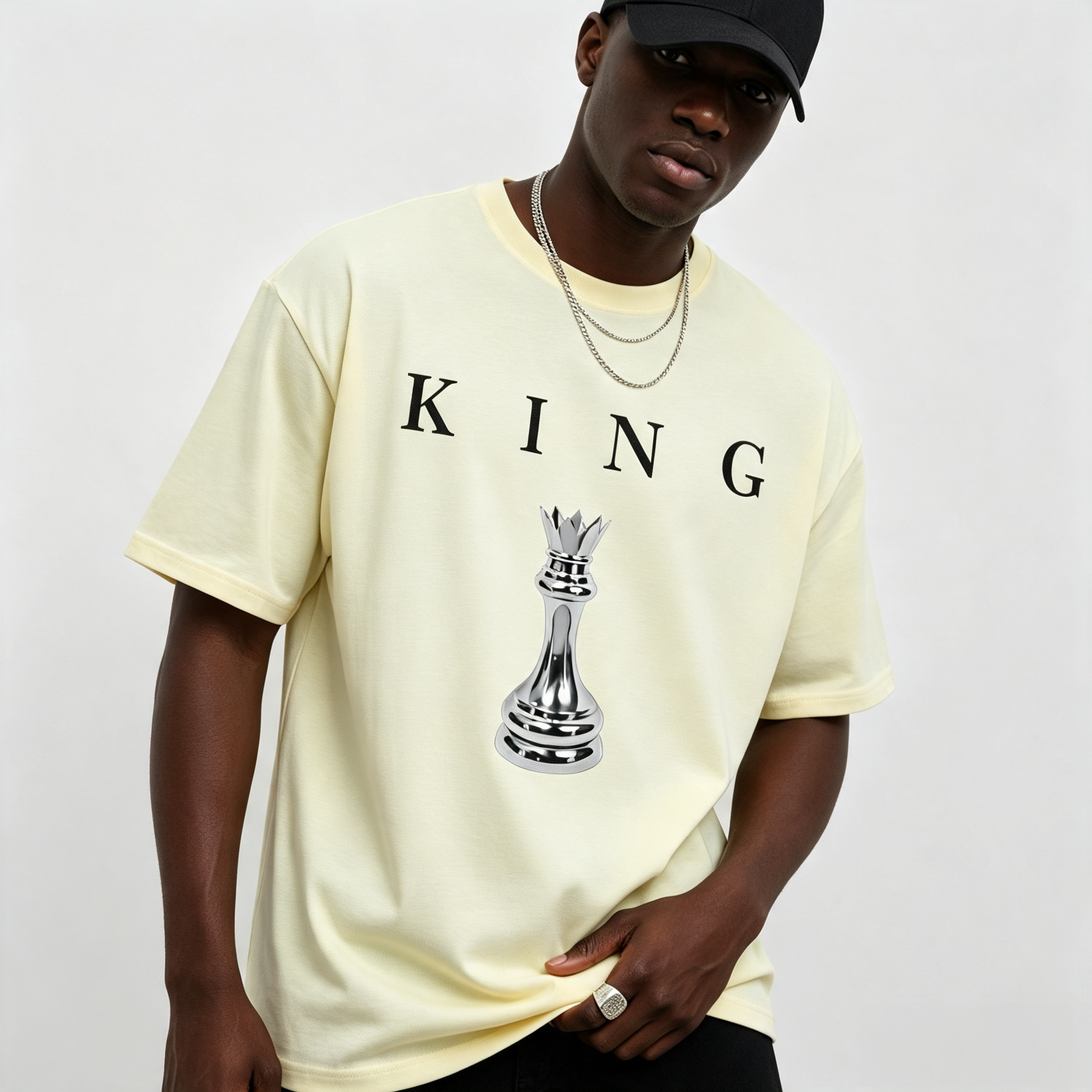 Men's Metallic Chess King "KING" Letter Print Crew Neck Short Sleeve T-Shirt