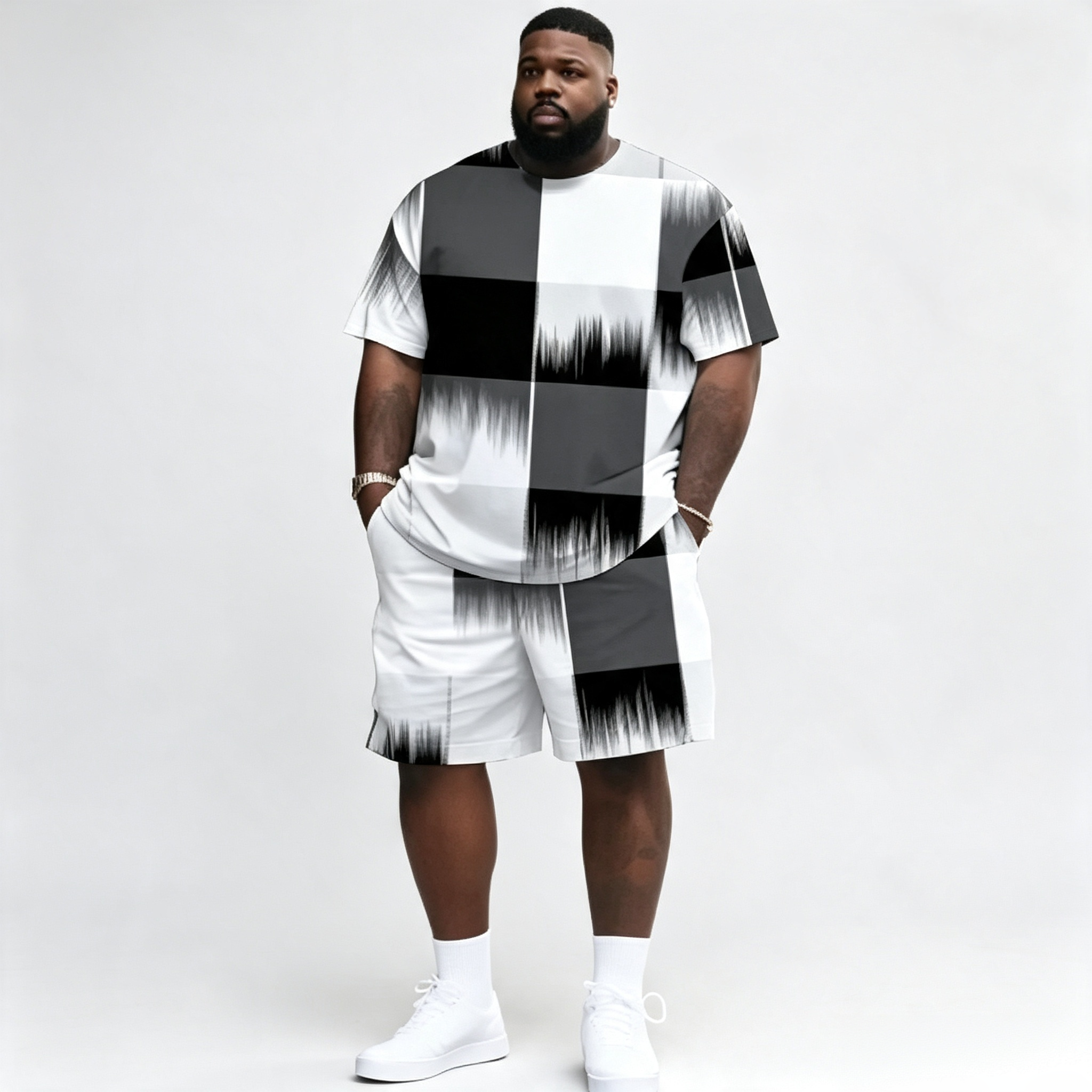 Men's Plus Size Brushstroke Plaid 2-Piece Short Set – Casual Streetwear Tracksuit