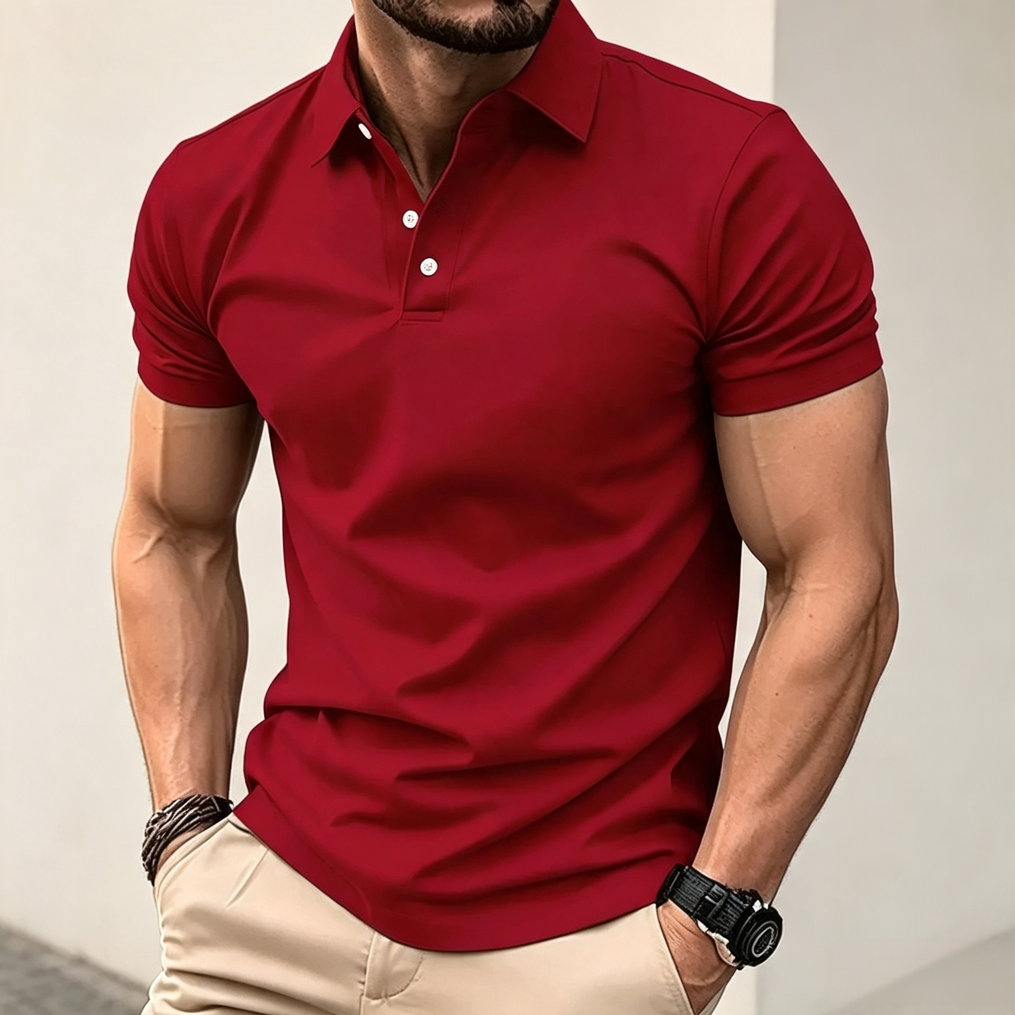 Men's Solid Color Short Sleeve Polo Shirt, Classic Collar 3-Button Placket Casual Top