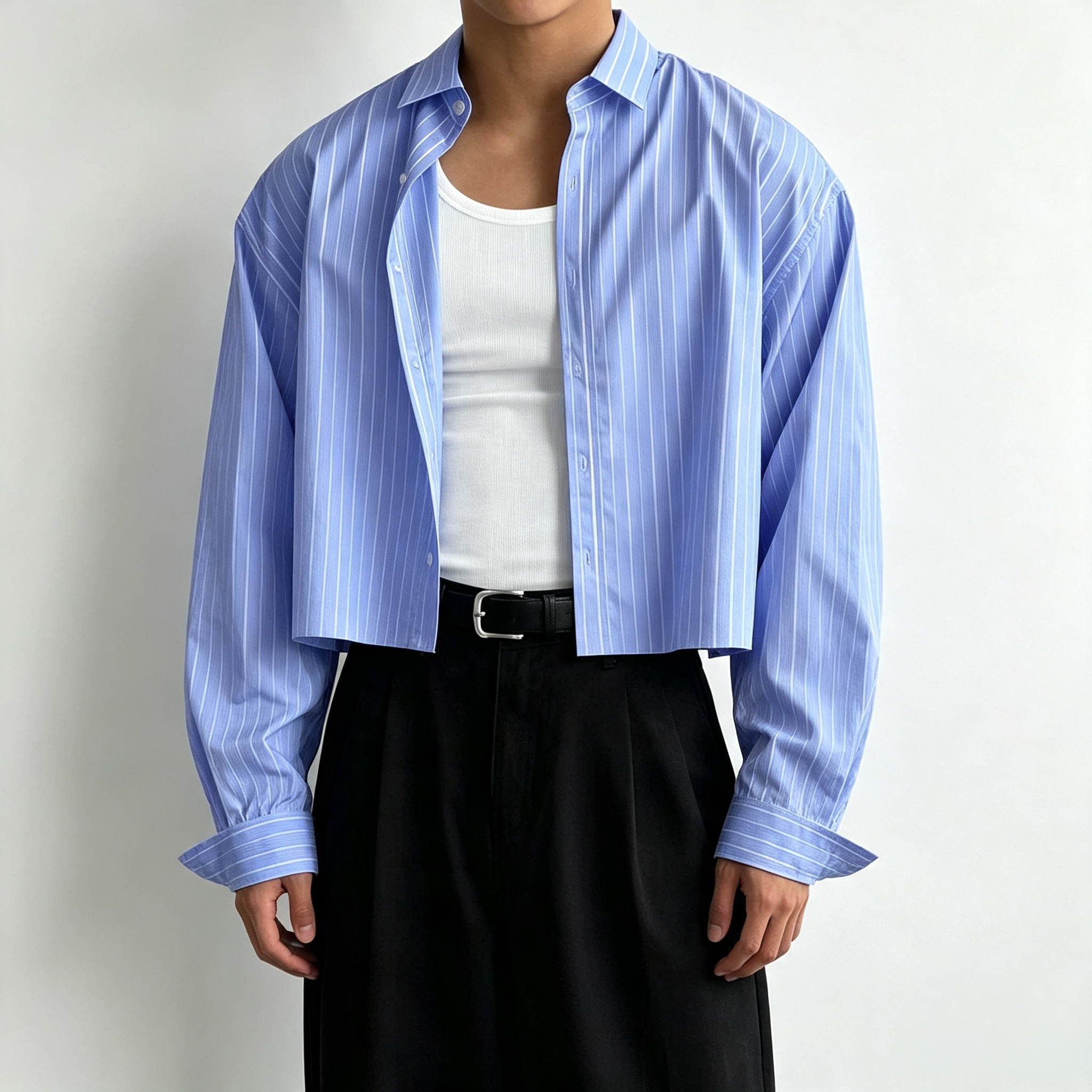 Men's Cropped Pinstripe Button Down Shirt – Oversized Long Sleeve Casual Crop Top
