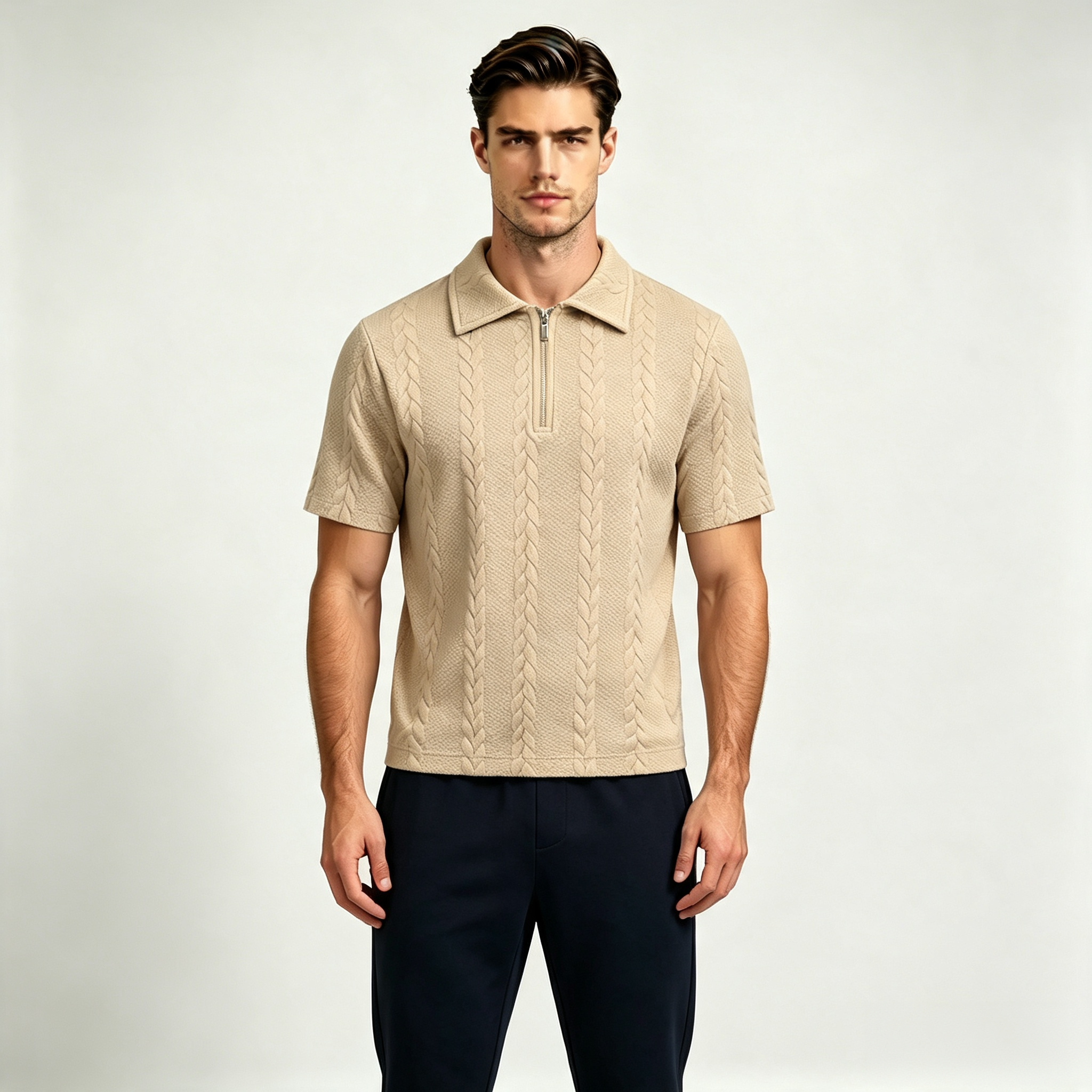 Men's Textured Quarter Zip Polo Shirt – Lapel Short Sleeve Casual Top