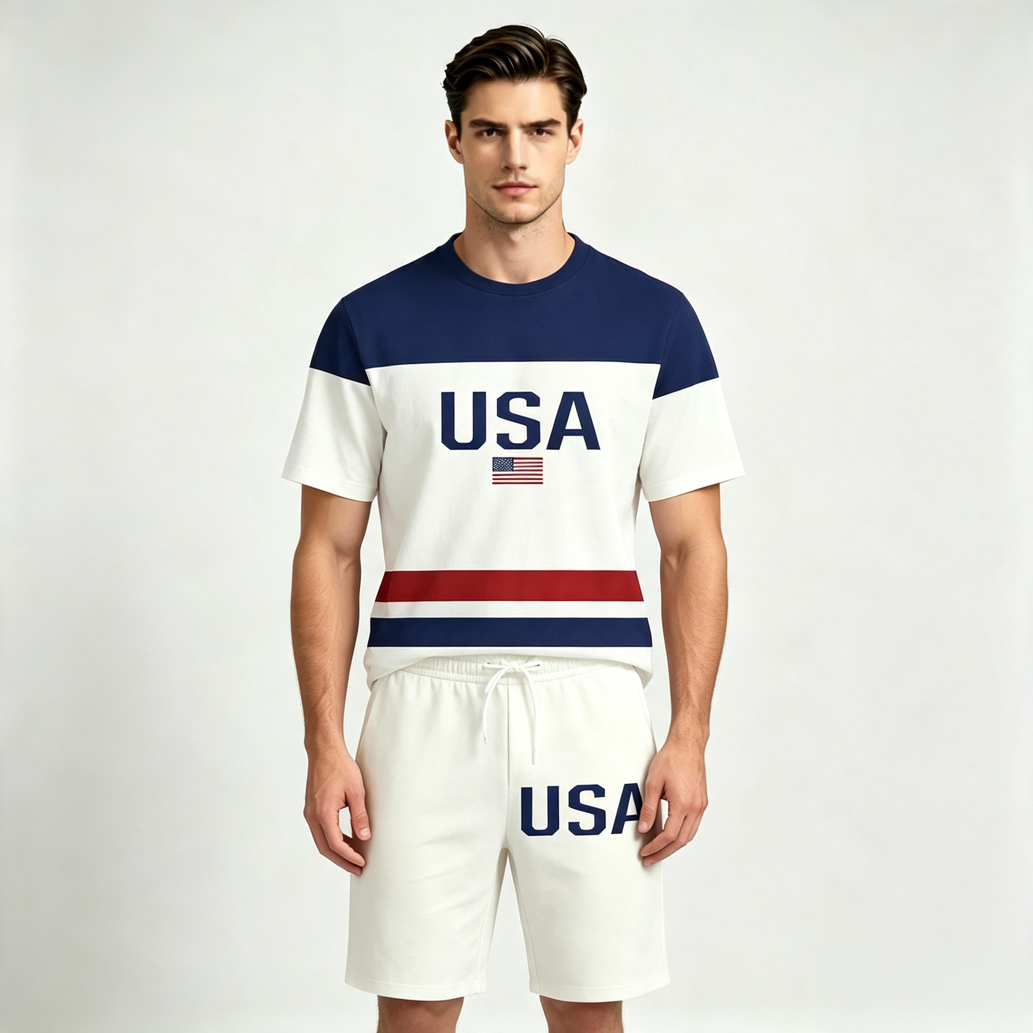 Men's USA Patriotic Color Block 2-Piece Short Set – Casual Athletic Tracksuit