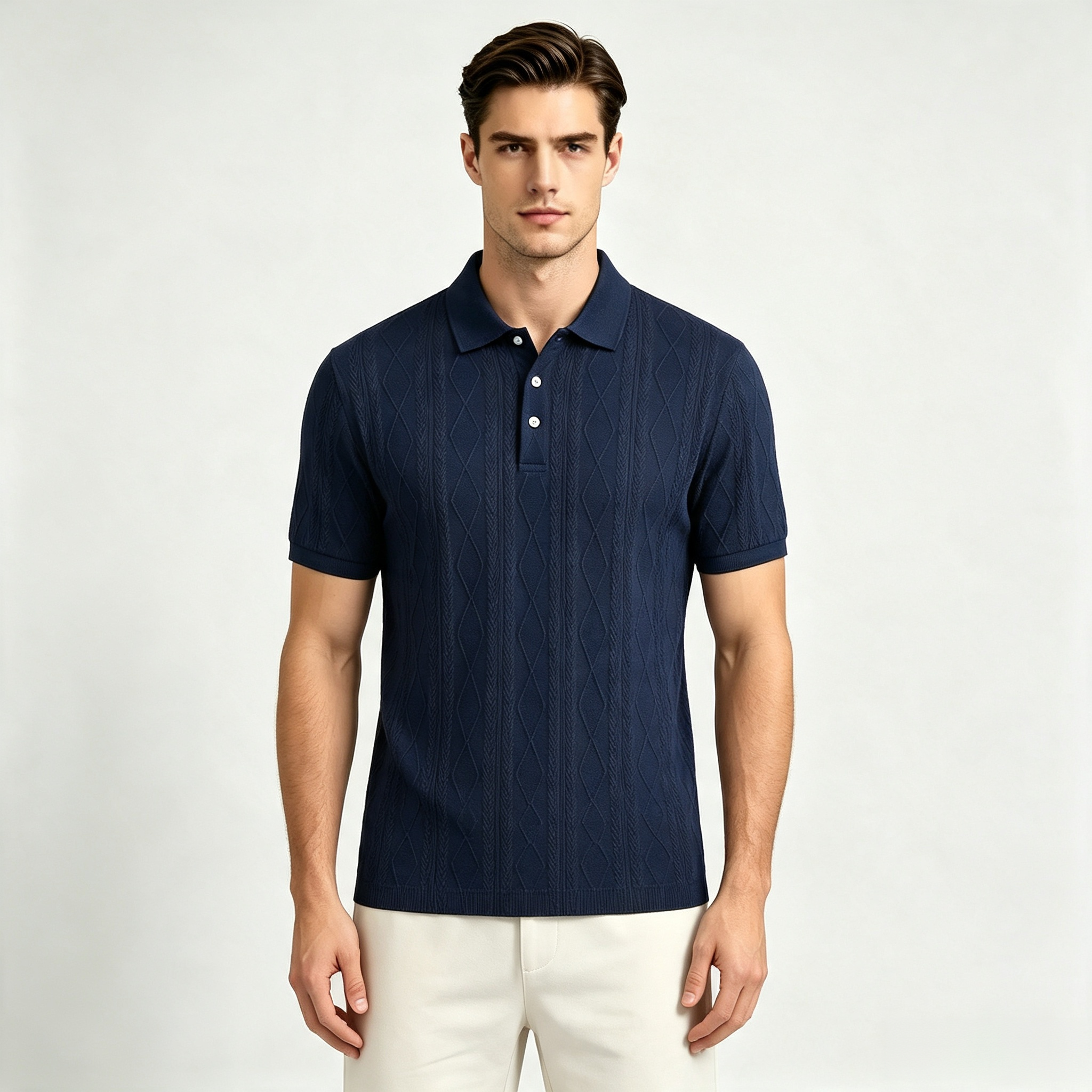Men's Textured Diamond Pattern Polo Shirt – Casual Business Short Sleeve Top
