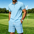 Men's Plaid Trim Polo & Plaid Drawstring Shorts 2‑Piece Casual Outfit Set