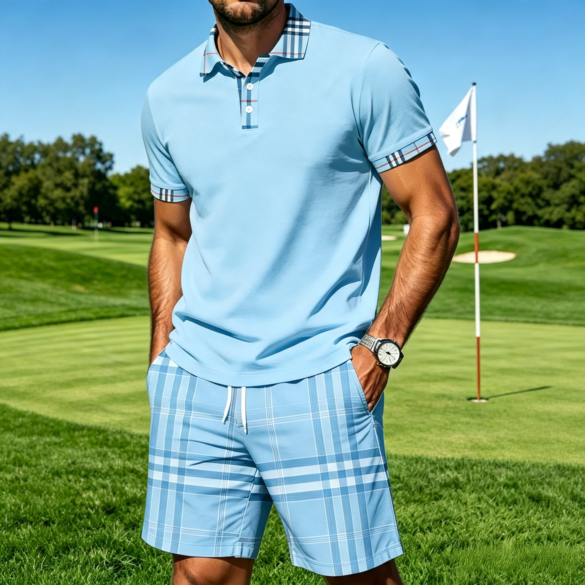 Men's Plaid Trim Polo & Plaid Drawstring Shorts 2‑Piece Casual Outfit Set