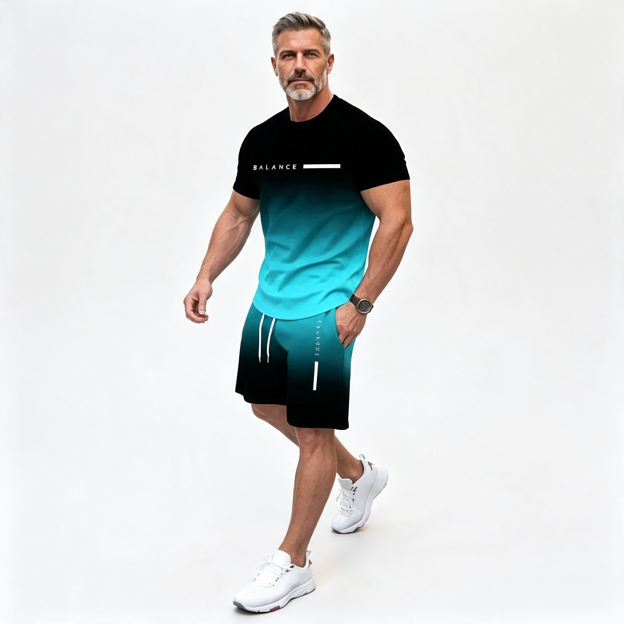 Men's Gradient Print 2-Piece Outfit, PARIS Letter Short Sleeve T-Shirt & Drawstring Shorts Set