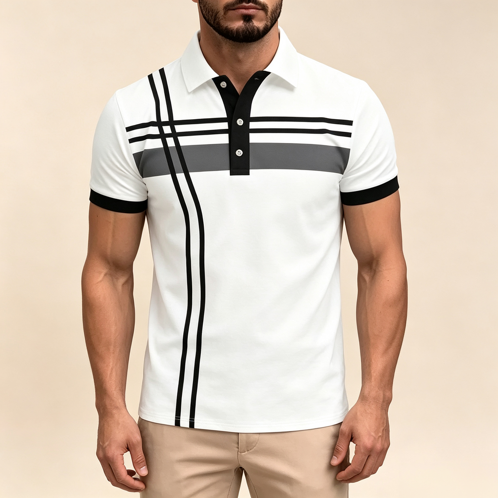Men's Geometric Striped Print Short Sleeve Polo Shirt
