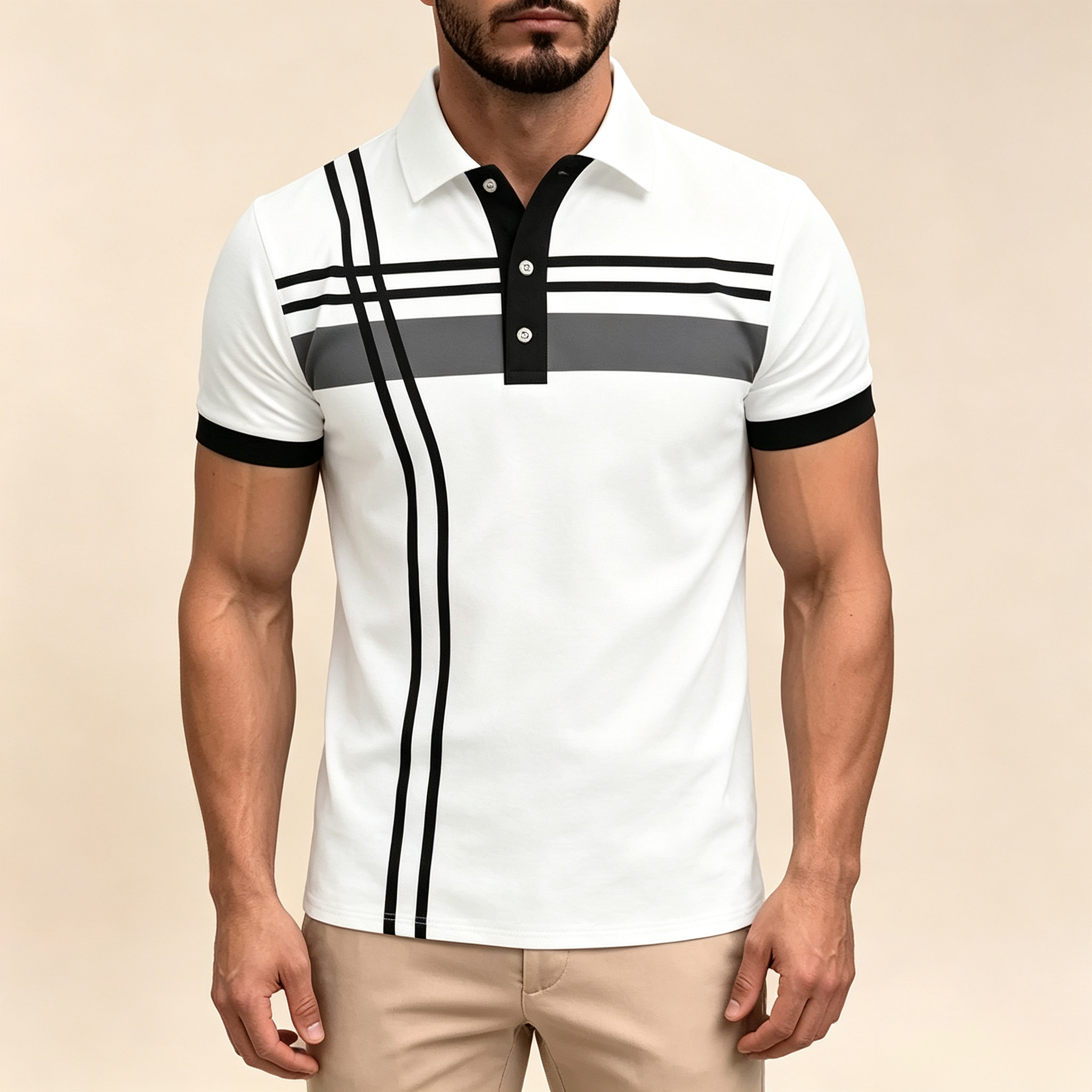 Men's Geometric Striped Print Short Sleeve Polo Shirt