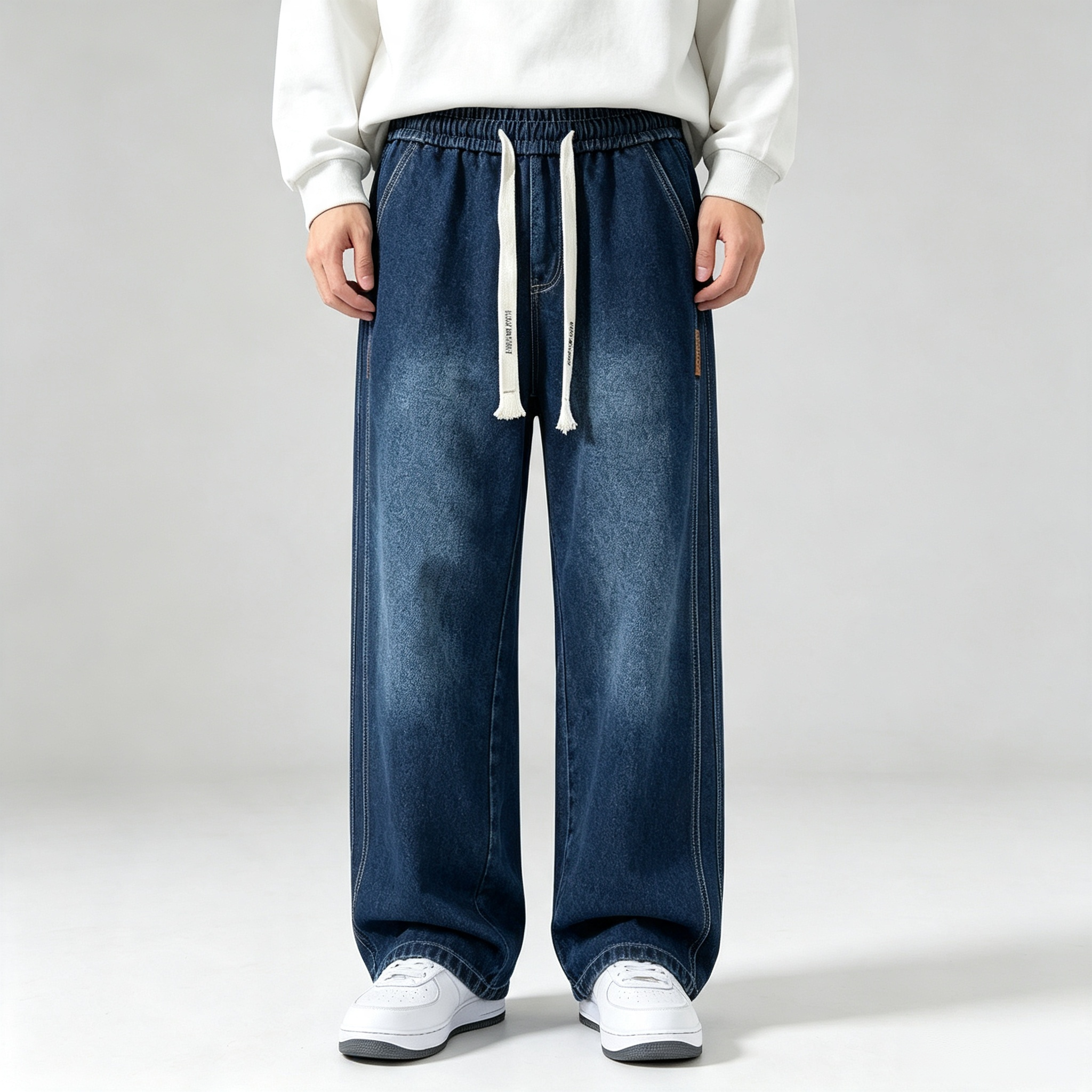 Men's Elastic Waist Drawstring Wide Leg Denim Jeans – Casual Vintage Washed Baggy Jeans