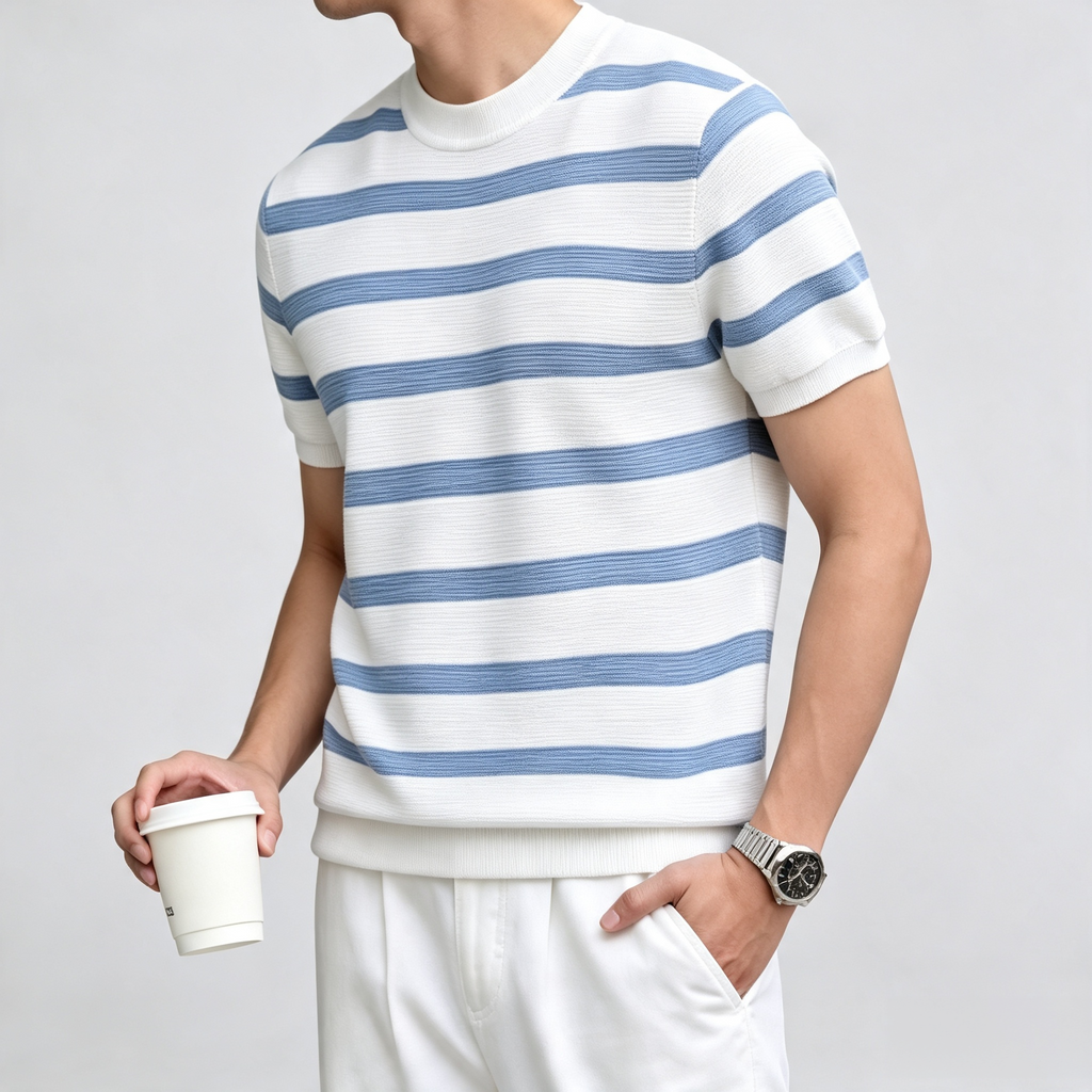Men's Horizontal Stripe Short‑Sleeve Crew Neck Casual T‑Shirt