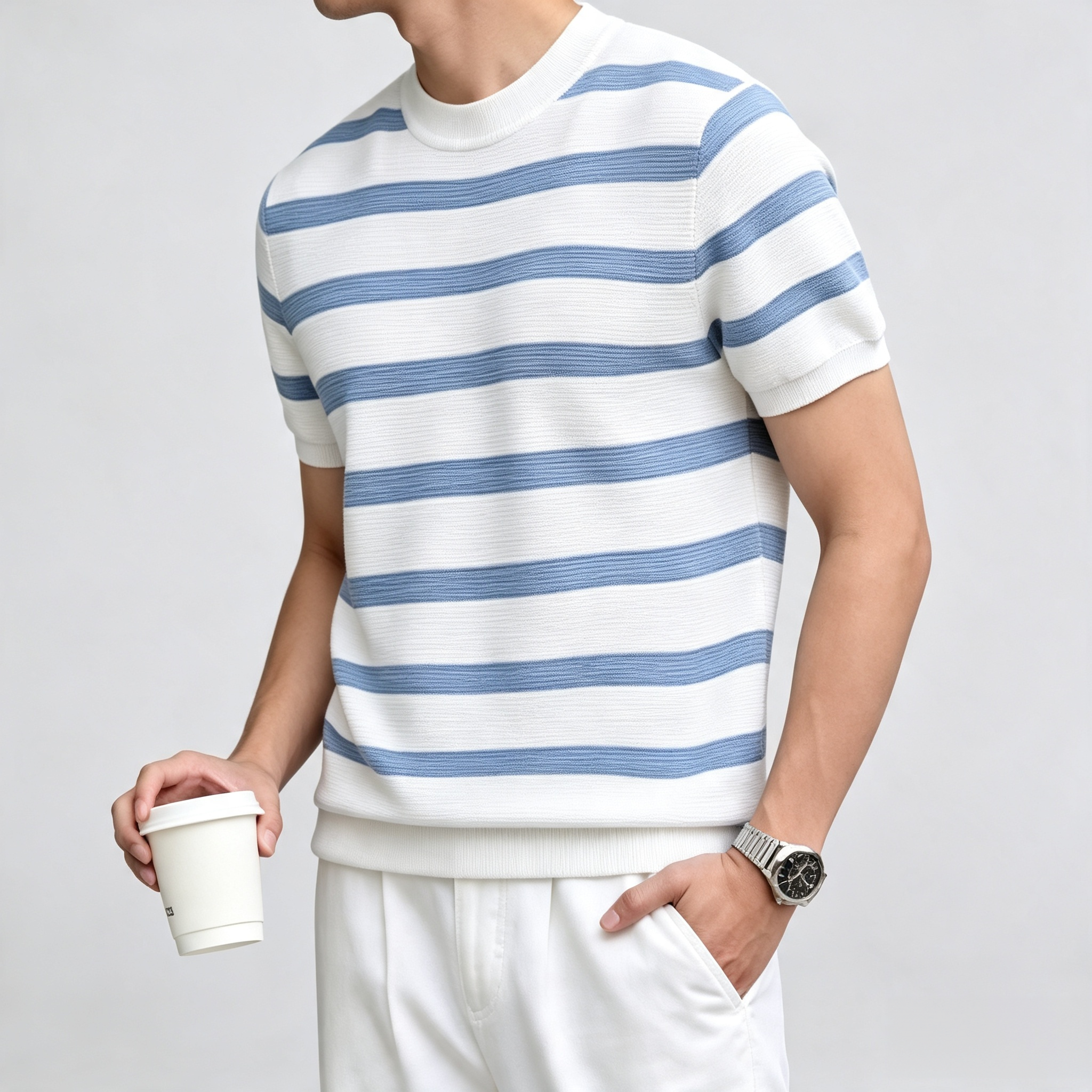 Men's Horizontal Stripe Short‑Sleeve Crew Neck Casual T‑Shirt