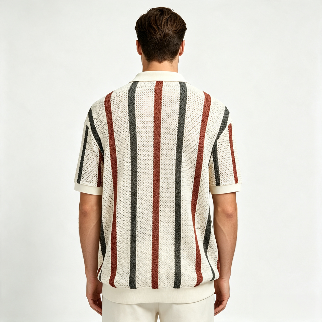 Men's Striped Open-Weave Polo Shirt – Breathable Casual Short Sleeve Top