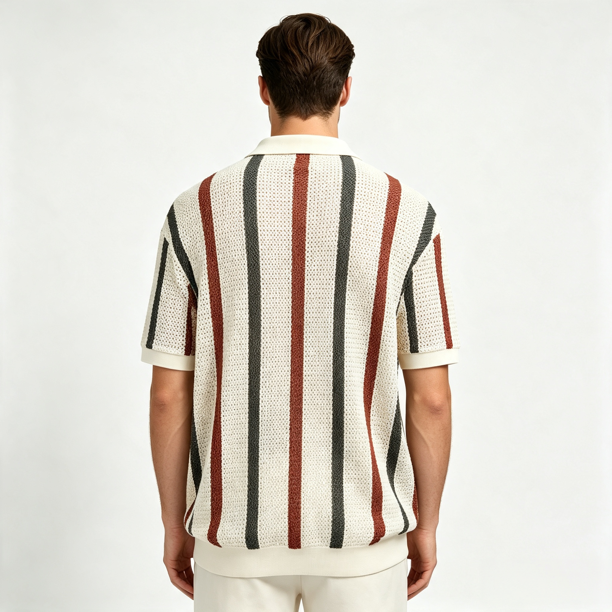 Men's Striped Open-Weave Polo Shirt – Breathable Casual Short Sleeve Top