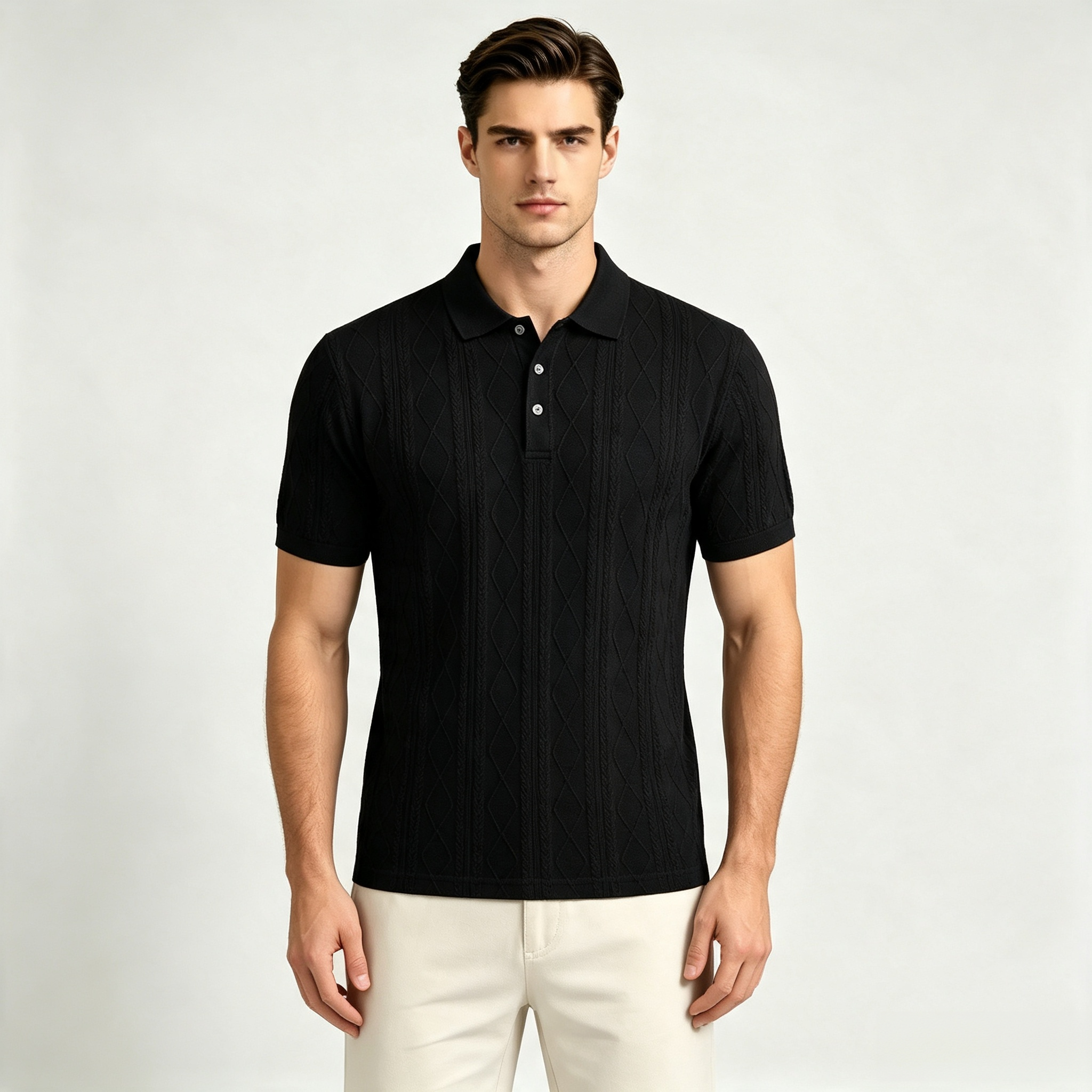 Men's Textured Diamond Pattern Polo Shirt – Casual Business Short Sleeve Top