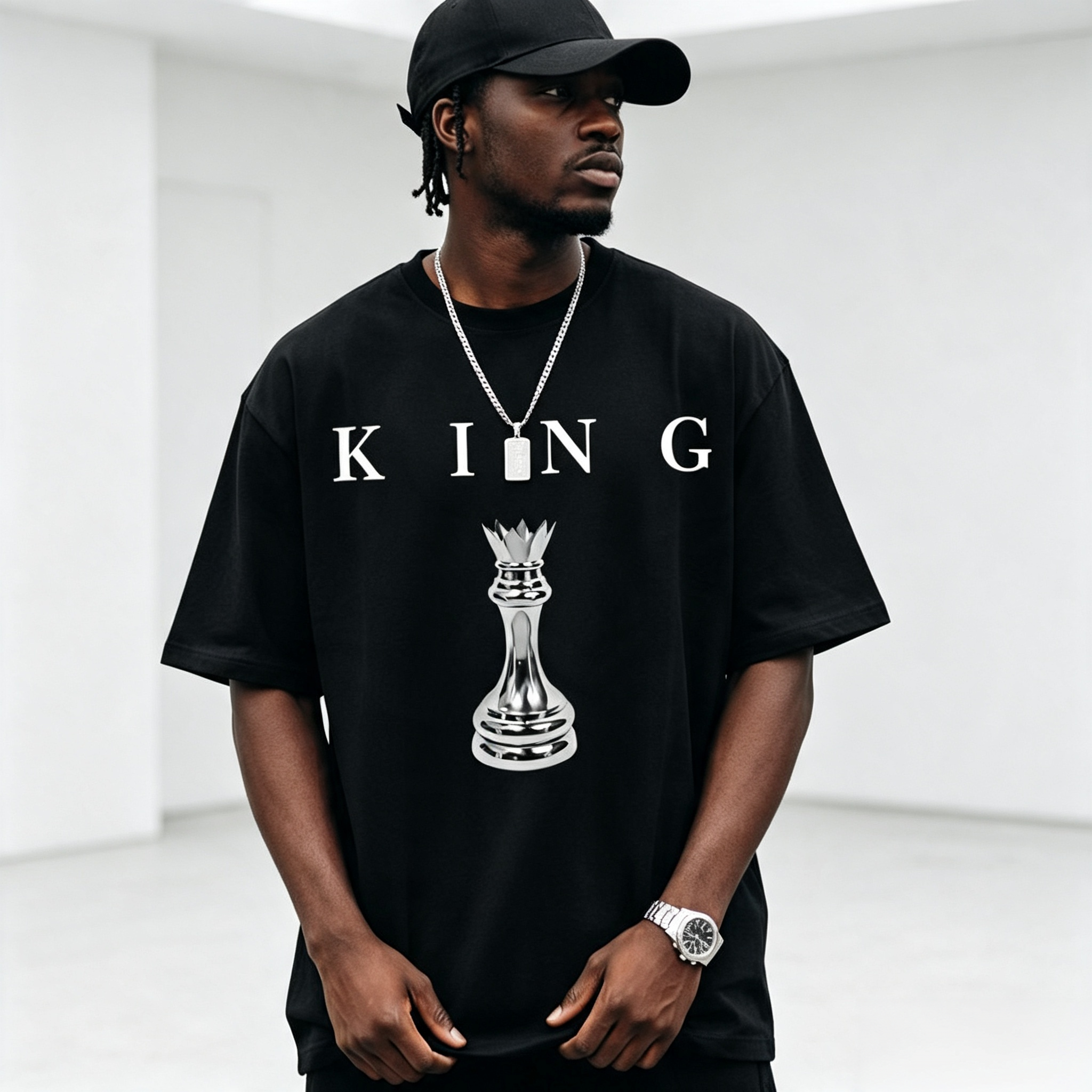 Men's Metallic Chess King "KING" Letter Print Crew Neck Short Sleeve T-Shirt