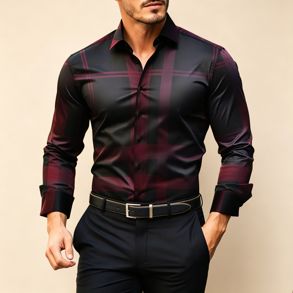 Men's Long Sleeve Plaid Dress Shirt, Burgundy Black Checkered Print