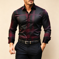 Men's Long Sleeve Plaid Dress Shirt, Burgundy Black Checkered Print
