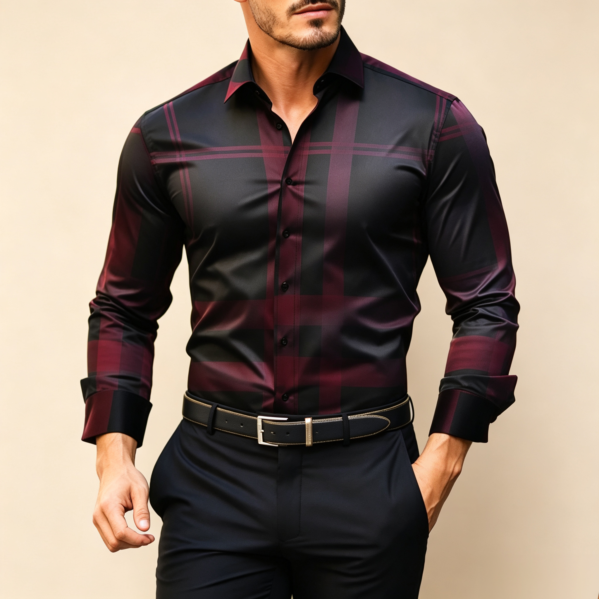 Men's Long Sleeve Plaid Dress Shirt, Burgundy Black Checkered Print