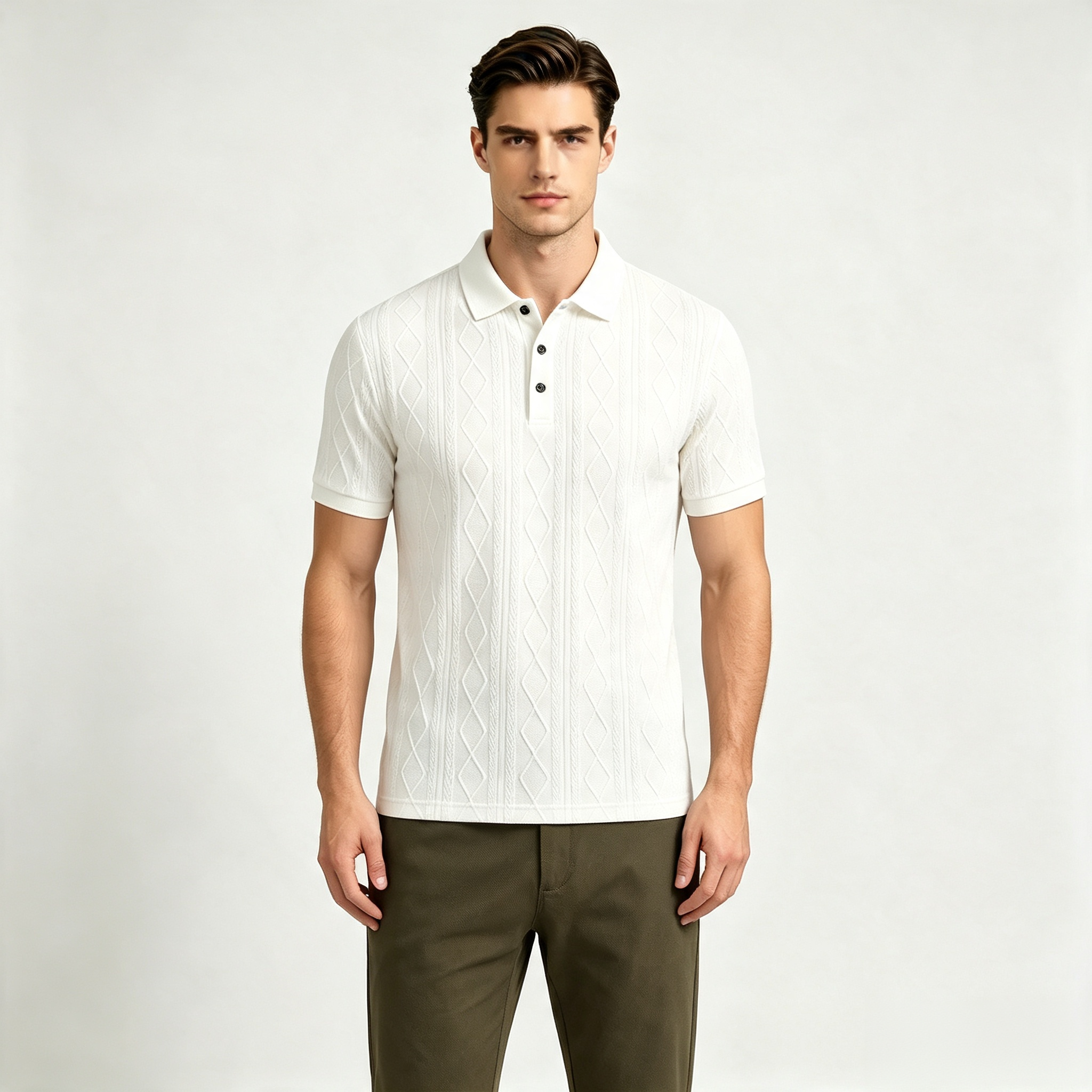 Men's Textured Diamond Pattern Polo Shirt – Casual Business Short Sleeve Top